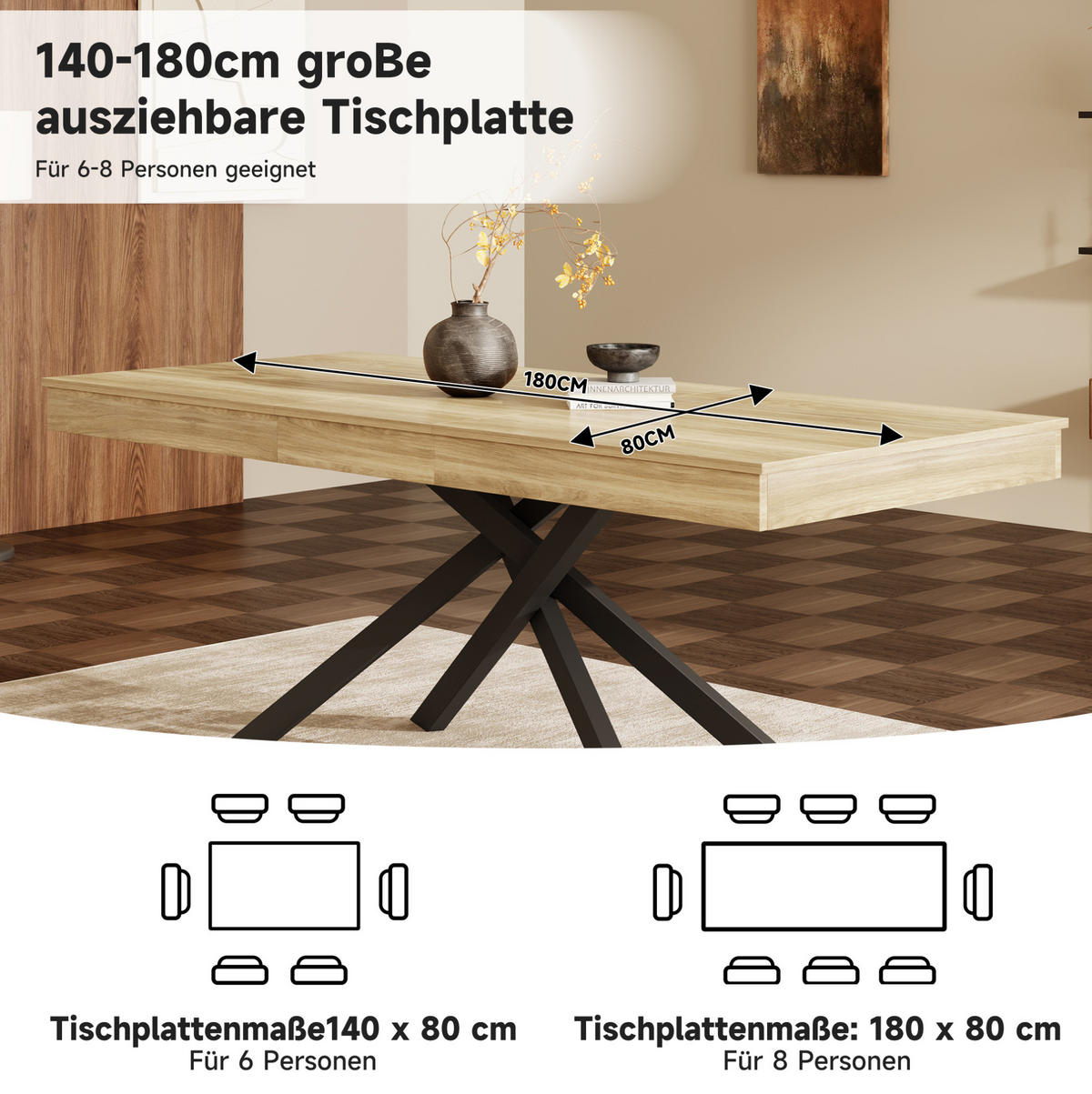 ESSTISCH aus MDF 180x80x76 cm Eichefarben ausziehbar mit 93 mm starker Tischplatte und Kreuzgestell - Eichefarben, Holzwerkstoff (180/80/76cm) - Modfu