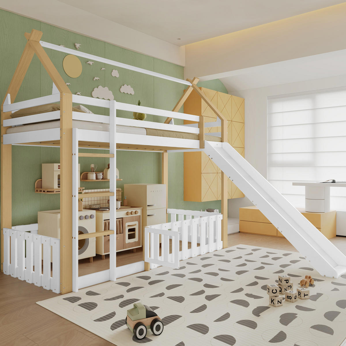 HAUSBETT 90/200 cm Weiß Natur mit Rutsche und Leiter ohne Matratze - Weiß, Holz (90/200cm) - MIVRAY