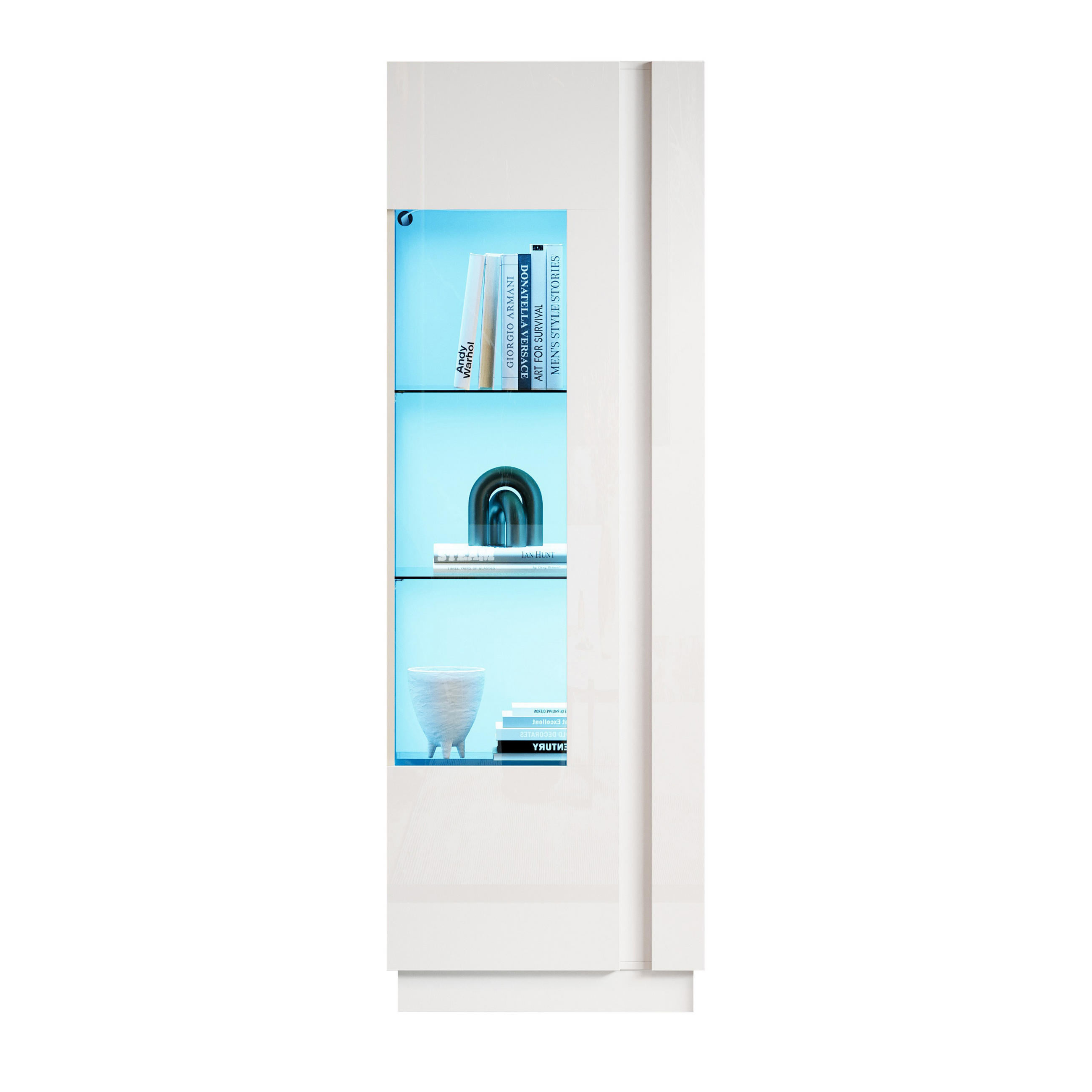 VITRINE LED Hochglanz Acryl Tür 3 Glasböden Weiß 180cm Highboard - Weiß, Holzwerkstoff (60/180/40cm) - FLIEKS