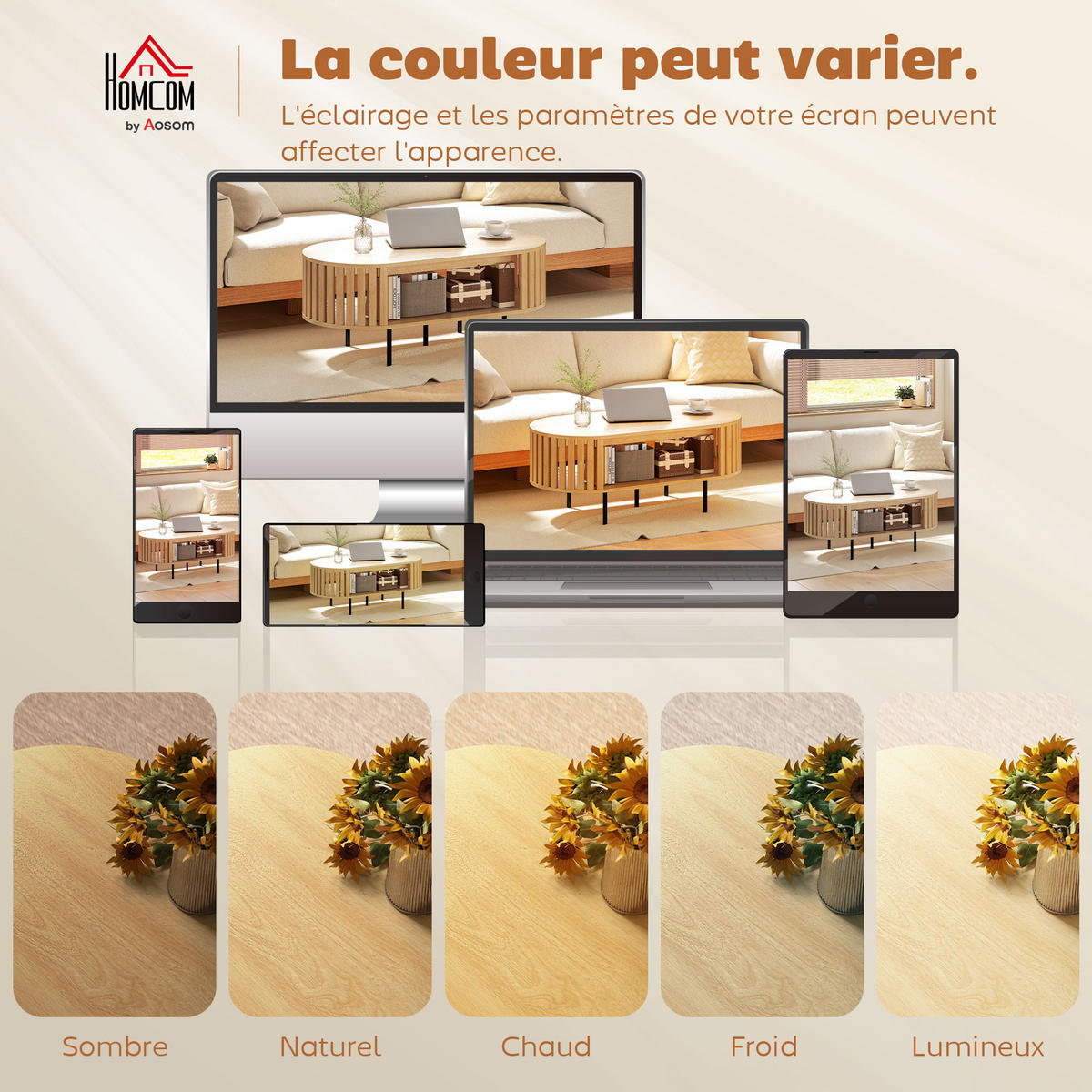 COUCHTISCH DE-15825 Lamellen-Design mit zwei Ablagen Naturholz - Naturfarben, Holzwerkstoff (100/50/40cm) - ComfortXL