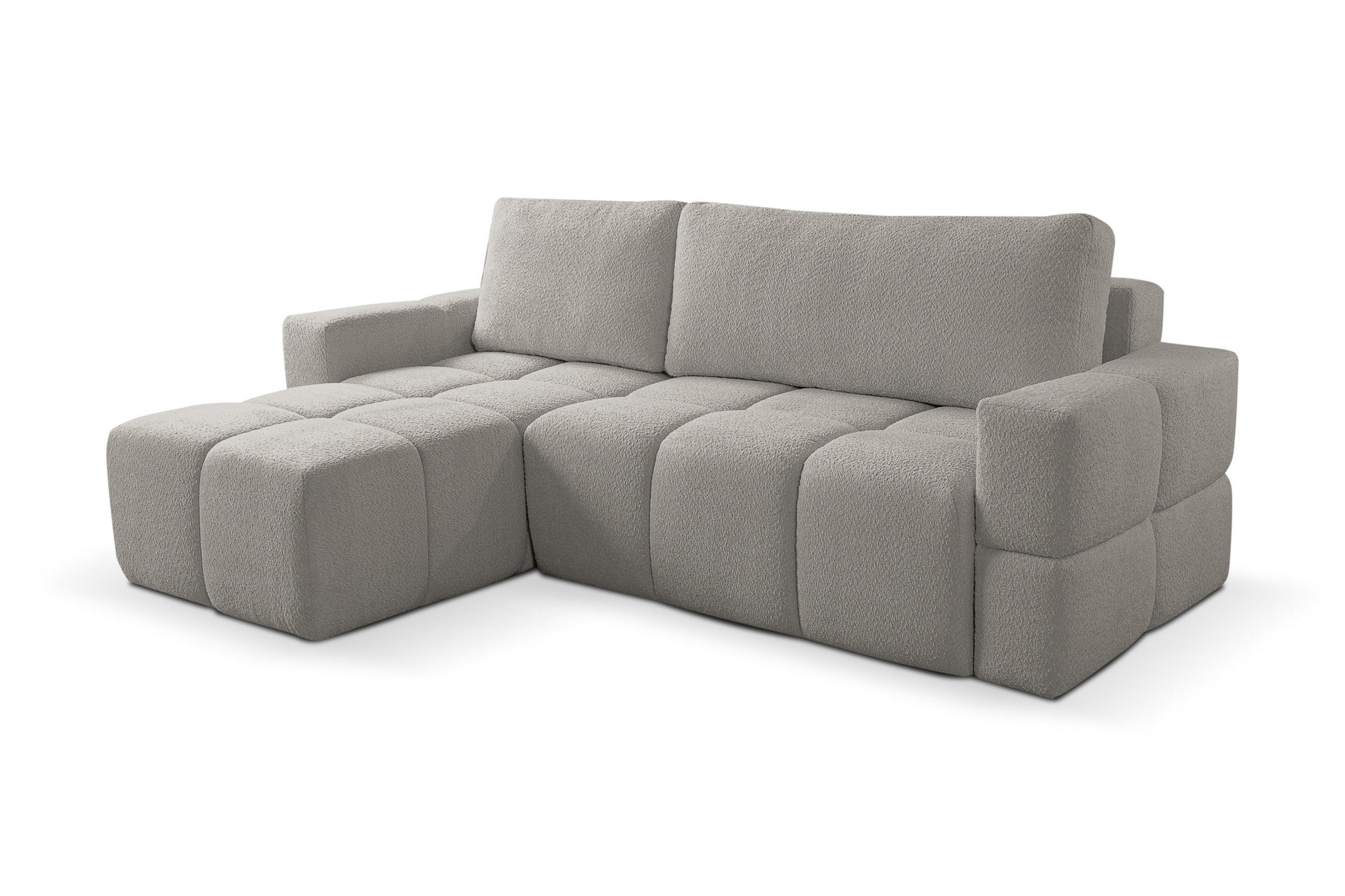 ECKSOFA LUSSO mit Schlaffunktion und Bettkasten, Farbe: Grau, Bouclé-Stoff, Ottomane Universal - Grau, Textil (255/165cm)