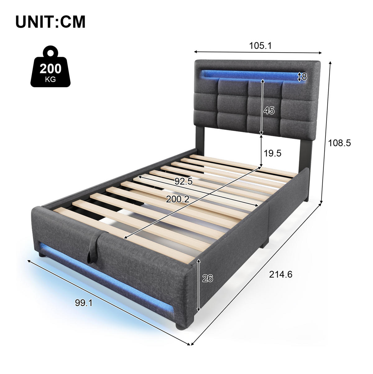 POLSTERBETT 90/200 cm mit LED-Beleuchtung, App-Steuerung, USB-Anschluss und hydraulischem Stauraum, Grau - Grau, Textil (90/200cm) - Redom