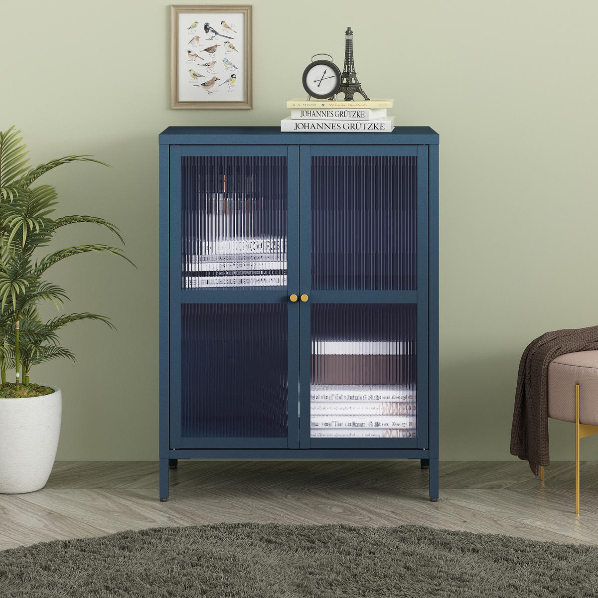 VITRINE Säkylä - Blau/Transparent, Glas/Metall (64/84/35cm) - [en.casa]