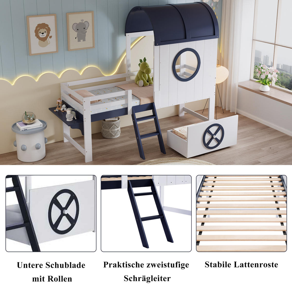 HALBHOHES Kinderbett 90/200 cm mit Dach, Fenster, Schublade und Schrägleiter aus Kiefer/MDF, Weiß/Dunkelblau - Weiß, Holzwerkstoff (90/200cm) - Redom