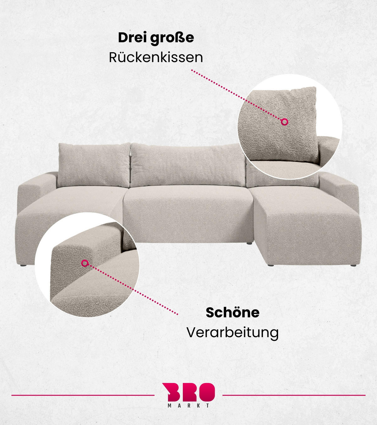 WOHNLANDSCHAFT Plush mit Schlaffunktion Ecru Boucle - Ecru, Kunststoff/Textil (315/72/145cm) - Bromarkt
