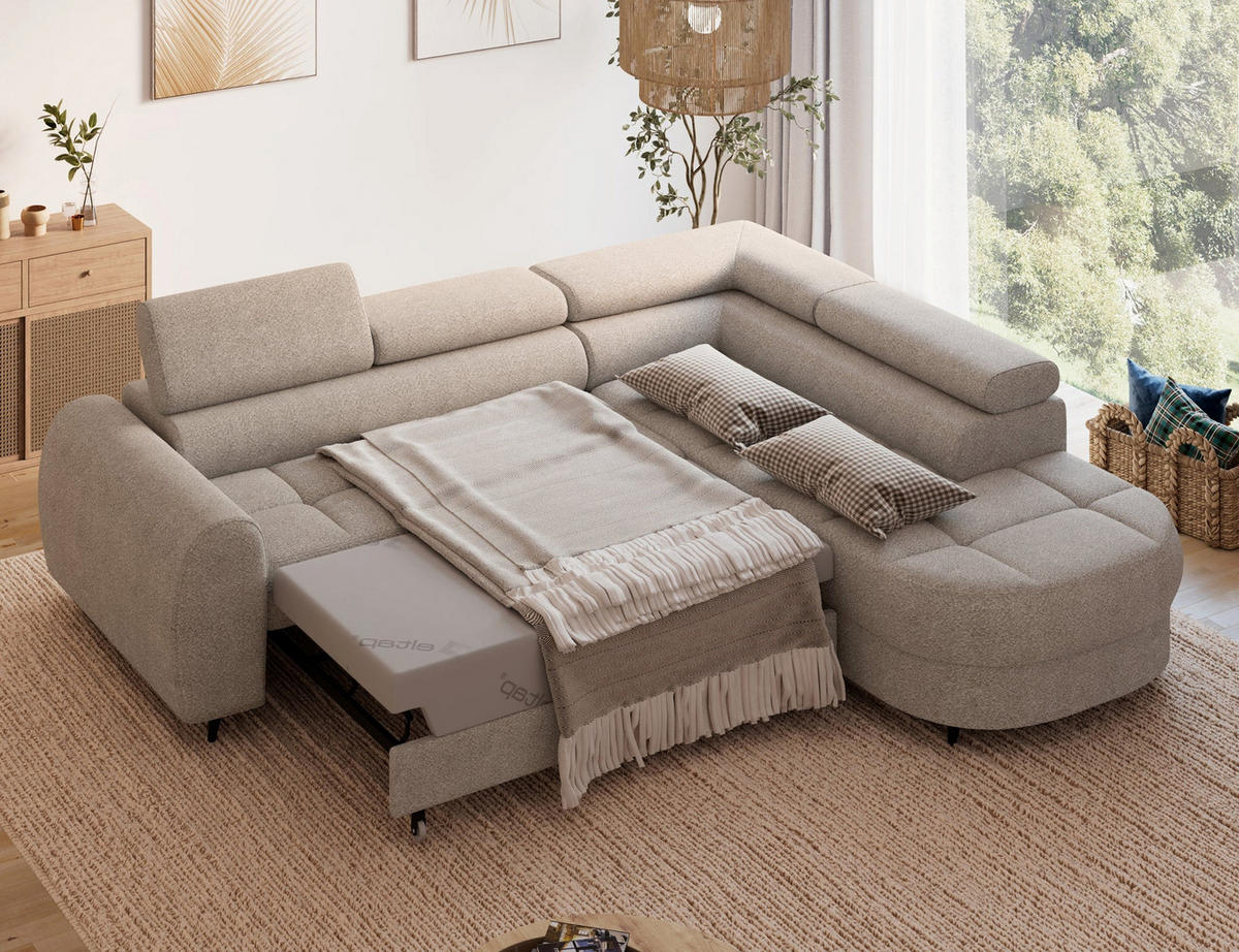 ECKSOFA Vesteria mit Schlaffunktion und Bettkasten – Modernes Design, verstellbare Kopfstützen und hoher Sitzkomfort - Beige, Kunststoff (279/72cm) - Wohnideebilder