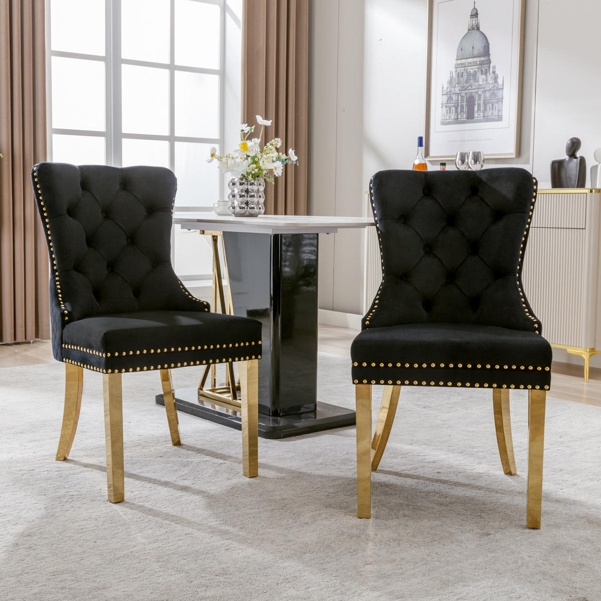 ESSZIMMERSTUHL 2-Tlg Samt Schwarz Gold, Nagelkopf, Gold Beine - Schwarz, Textil (50.5/95/45cm) - FLIEKS