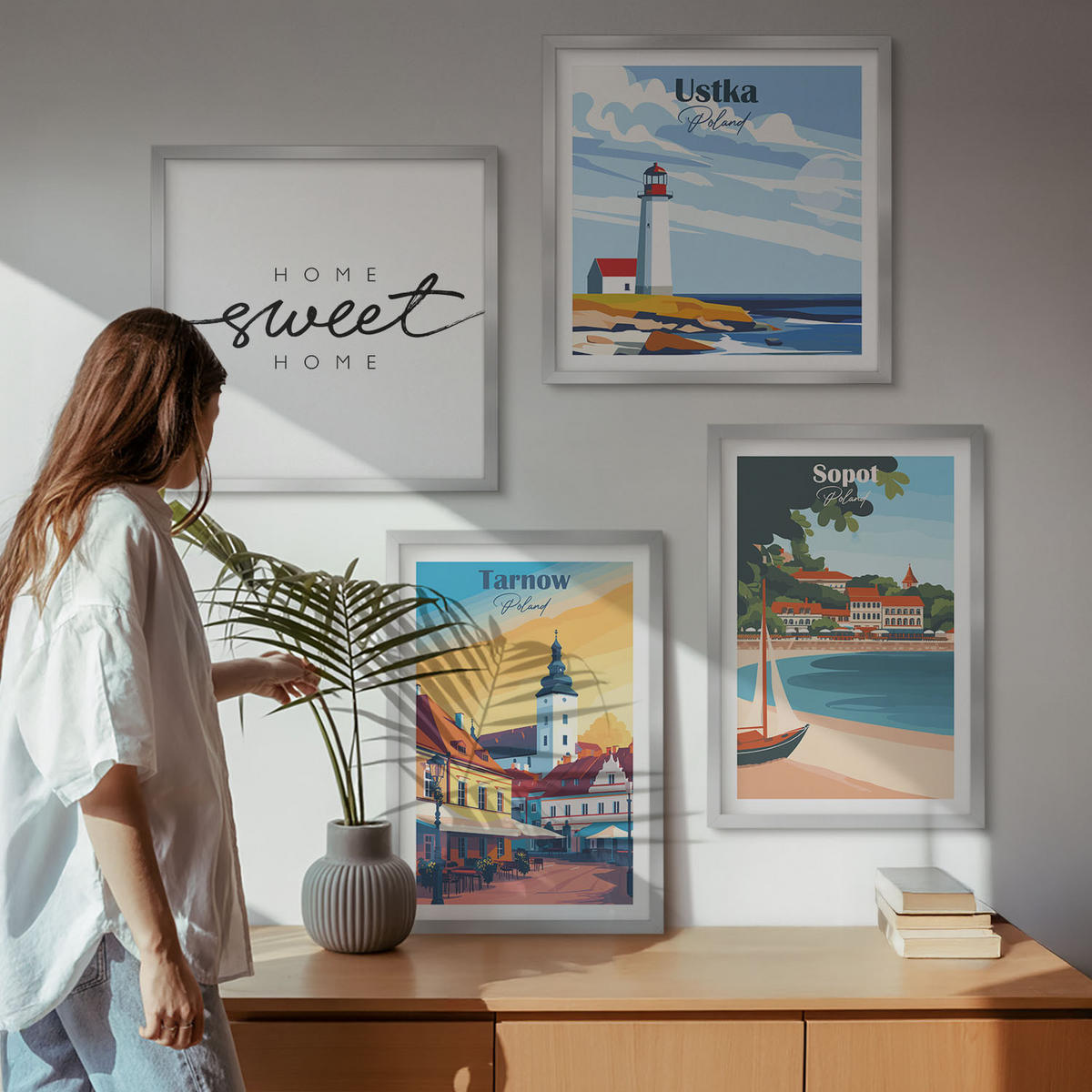 BILDER SET 4er Set - 50x50 cm & 40x60 cm Silberner Rahmen - Polnische Städte Ustka Tarnów Sopot - Silberfarben, Kunststoff (50/50cm) - TULUP