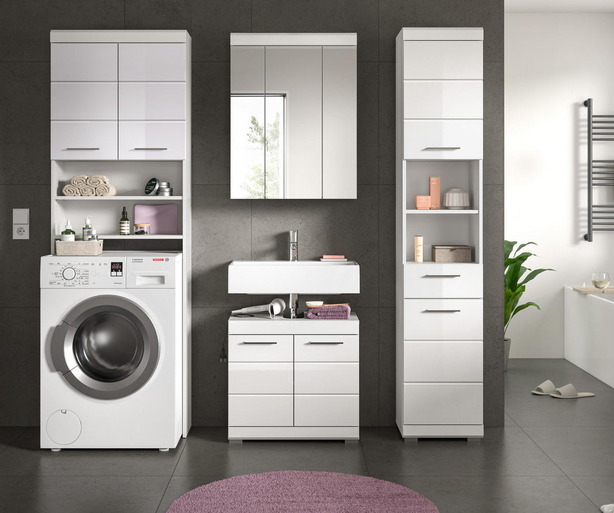 WASCHMASCHINENSCHRANK weiß Hochglanz 63 x 191 cm, Überbau mit 6 Fächern - Weiß Hochglanz/Silberfarben, Holzwerkstoff/Kunststoff (63/191/24cm) - Inn.Furn