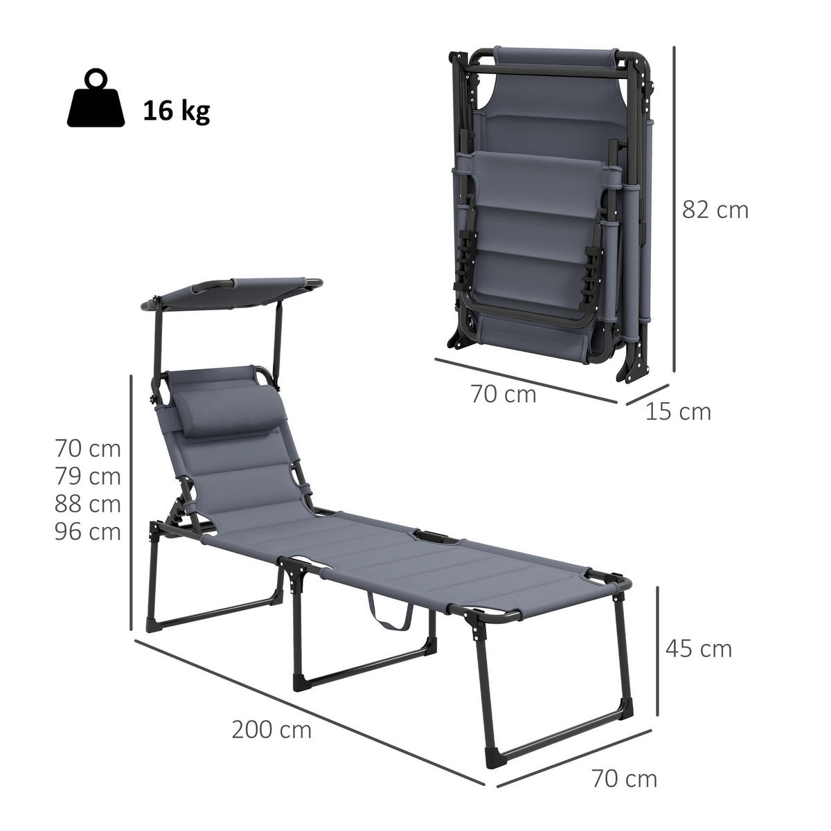 SONNENLIEGE 2er-Set DE-15617 klappbar, mit verstellbarem Sonnendach Grau - Grau, Metall (200/45/70cm) - ComfortXL