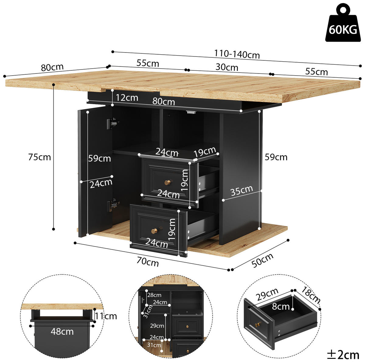 ESSTISCH 110/80/75 cm naturfarben aus MDF und Metall mit Stauraum - Hellbraun, Holzwerkstoff (110/80/75cm) - OKWISH