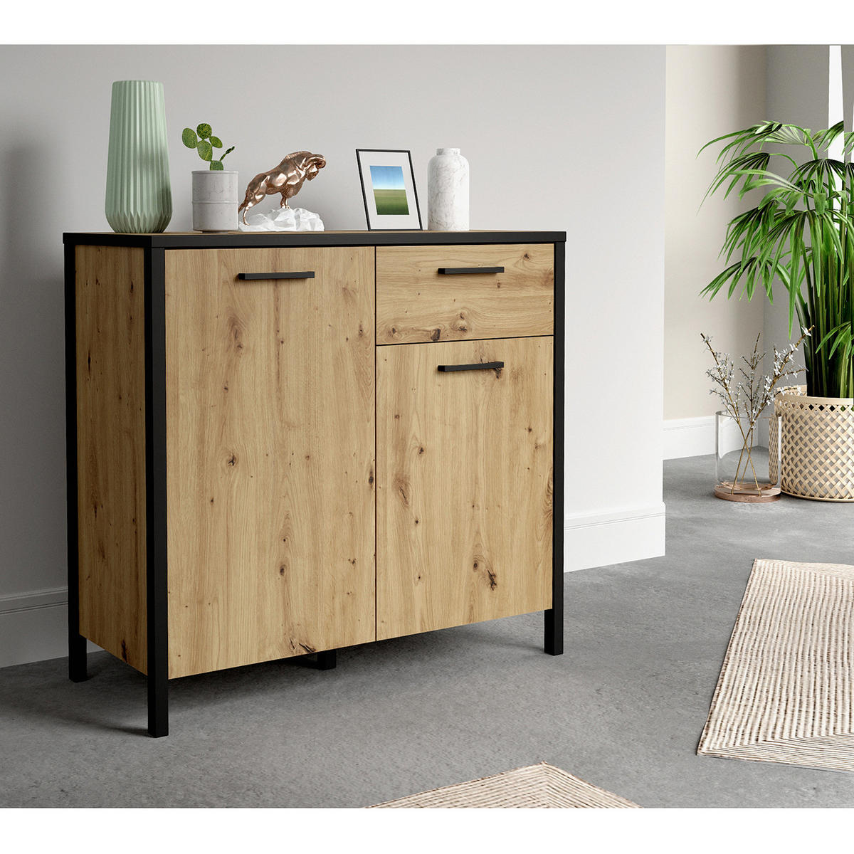 KOMMODE - Eiche Artisan Dekor / Schwarz - Schwarz/Braun, Holzwerkstoff/Kunststoff (95/88/40cm) - home24