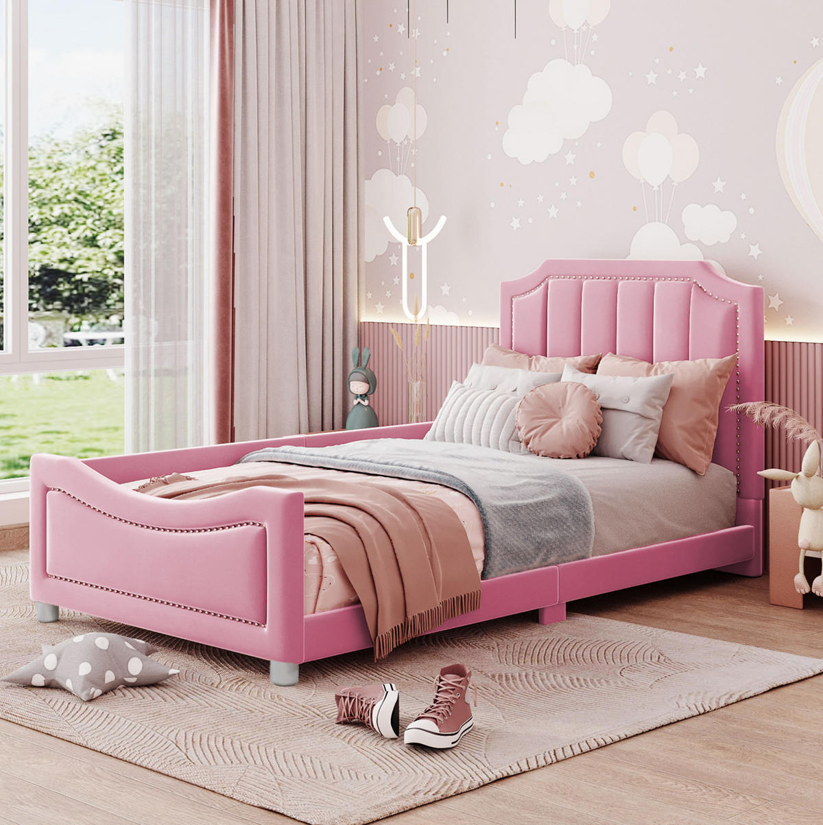KINDER-POLSTERBETT 90x200 cm Rosa als Schlafsofa mit Flanellbezug - Rosa, Holz (90/200cm) - IVMEU