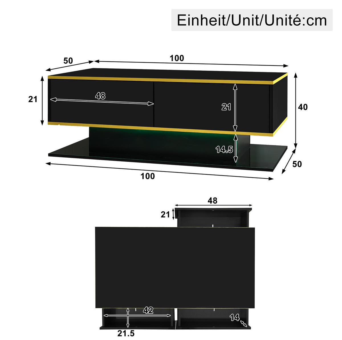 KONFERENČNÍ stolek z dřevotřísky, 100/50/40 cm černý/zlatý, s LED osvětlením a 3 zásuvkami - černá, kompozitní dřevo (100/50/40cm) - BEAOK