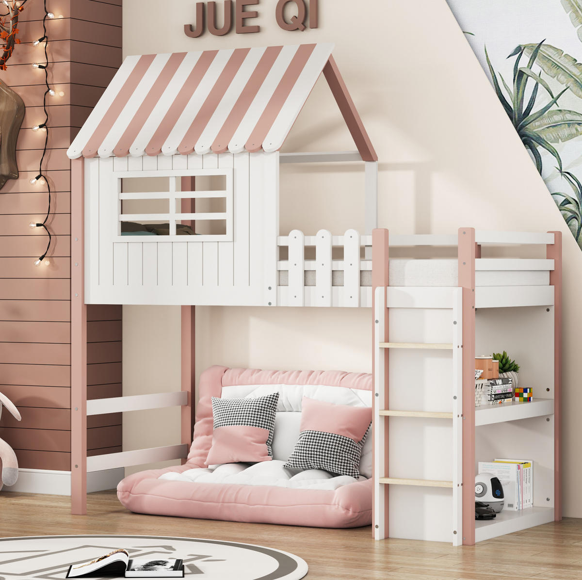 KINDERBETT 90x200 cm Rosa mit Dachdesign, Sicherheitsleiter und Lattenrost - Pink, Holzwerkstoff (90/200cm) - Modfu