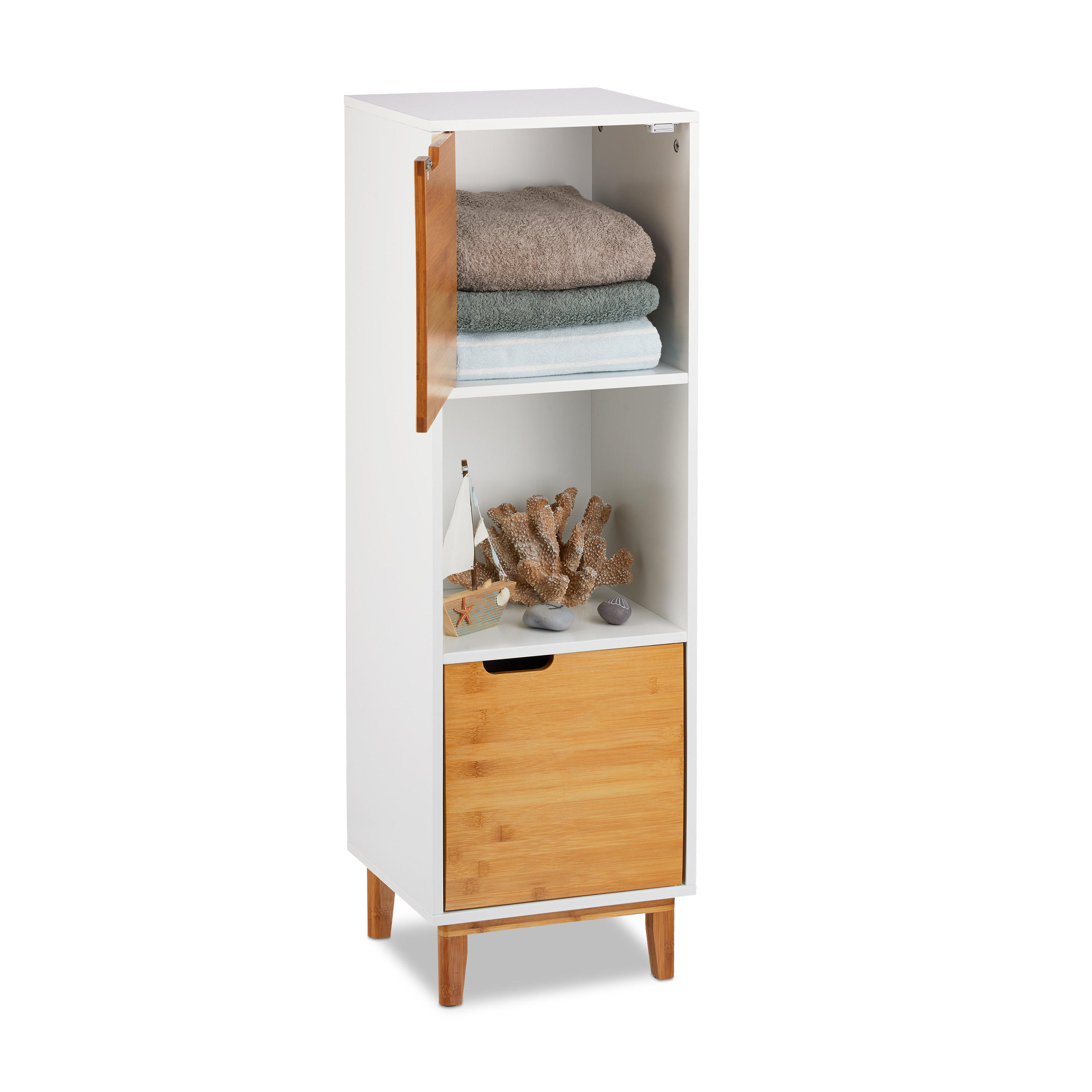 Relaxdays REGÁL Bílá Přírodní MDF bambus s dvířky 101x32x30 cm