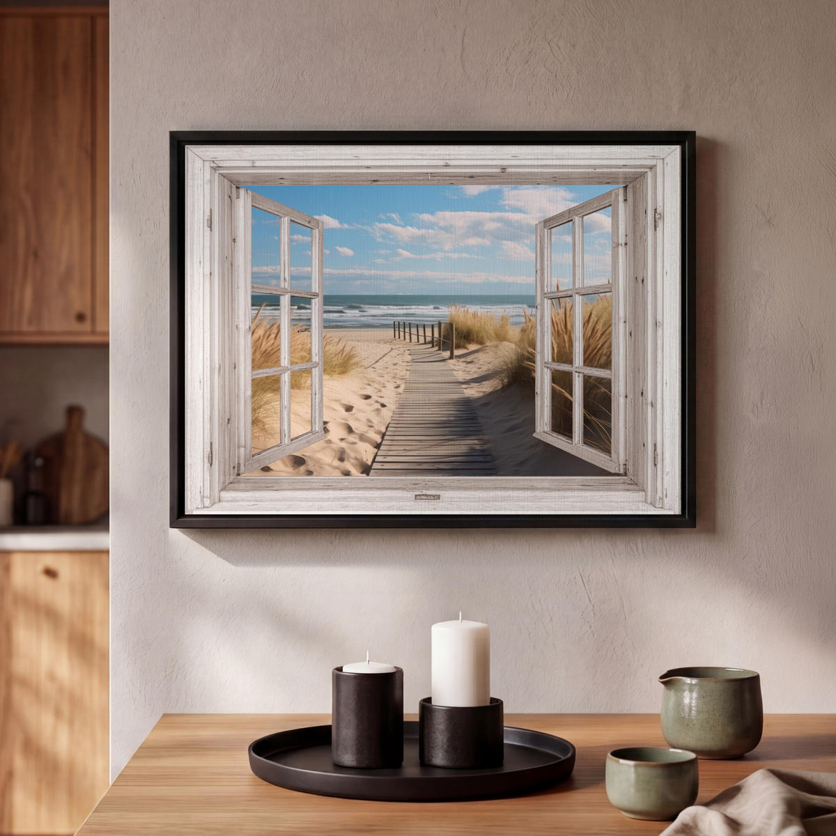 LEINWAND Bilder mit Rahmen - Fenster - Meer - Küste - Natur - Ausblick - Strand - Wattenmeer - 40x30 - Beige, Textil (40/30cm) - MuchoWow