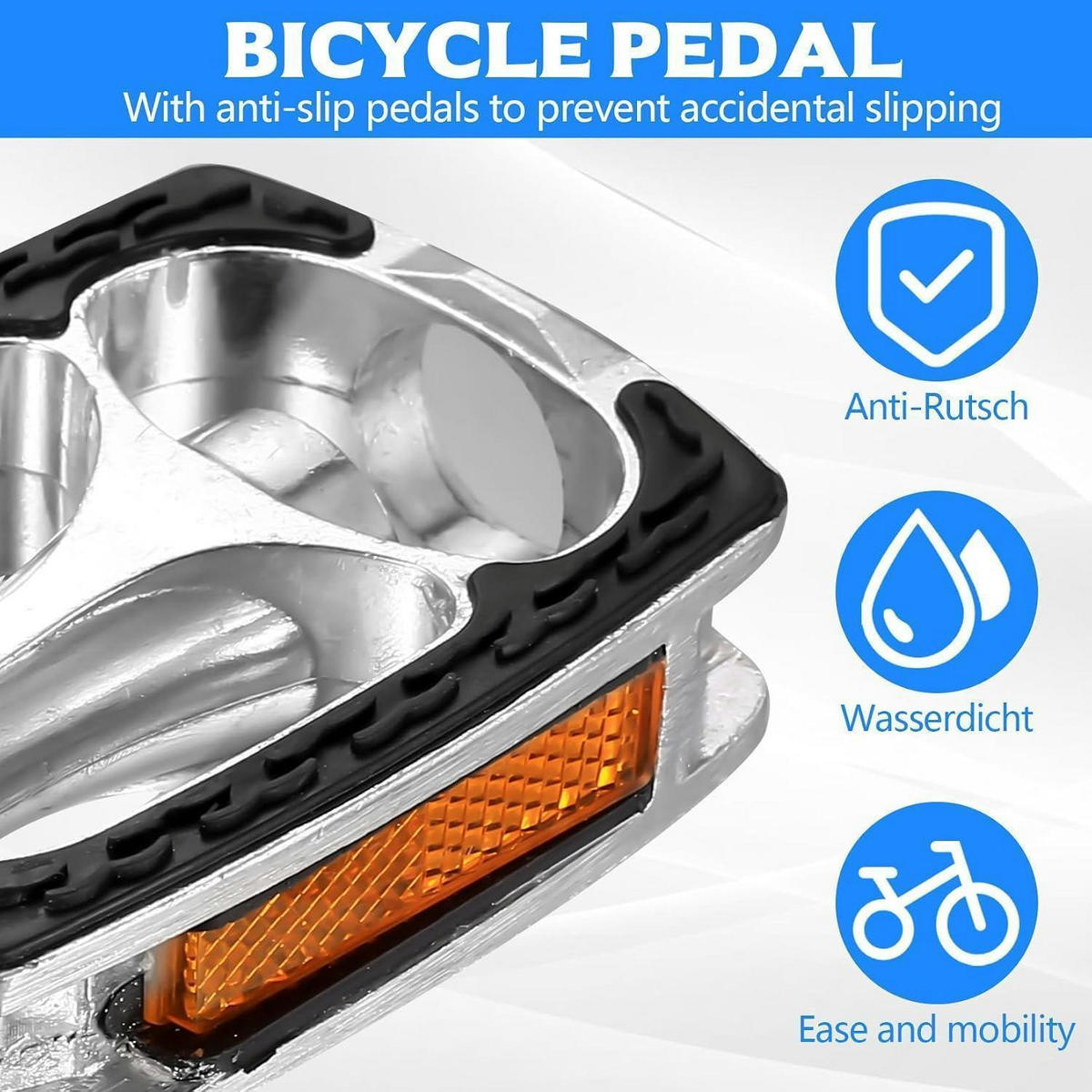 FAHRRADPEDALE 2-teiliges Set mit Reflektoren rutschfest Aluminium 9/16 Zoll - Silberfarben, Metall (6.8/2.5/9.5cm)