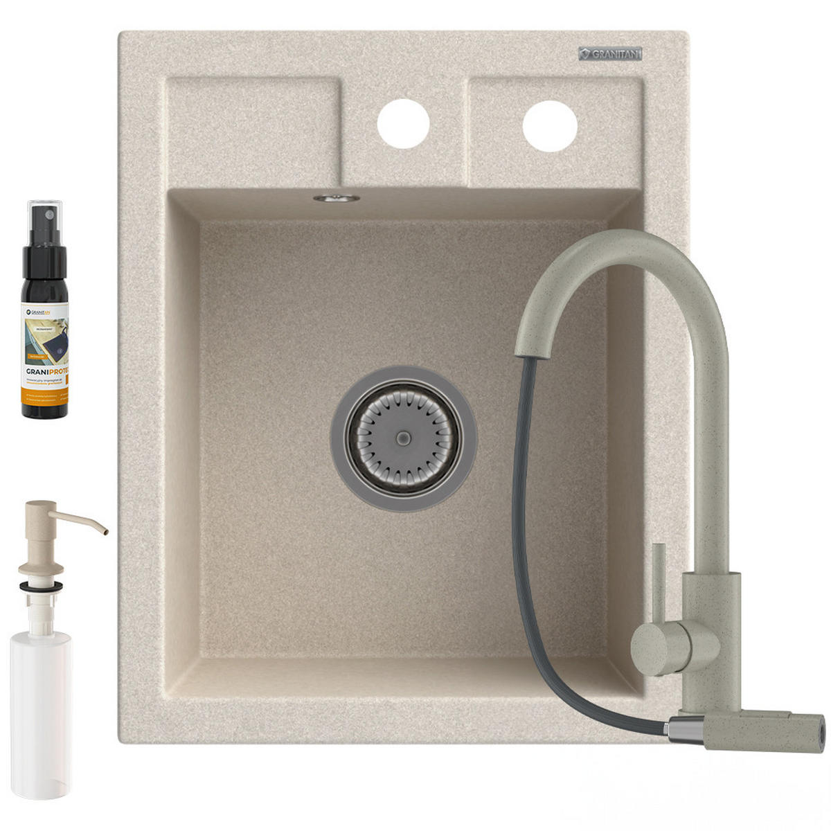 SPÜLBECKEN Best mit Batterie, Siphon - Beige, Kunststoff/Stein (50/40/18cm) - Granitan