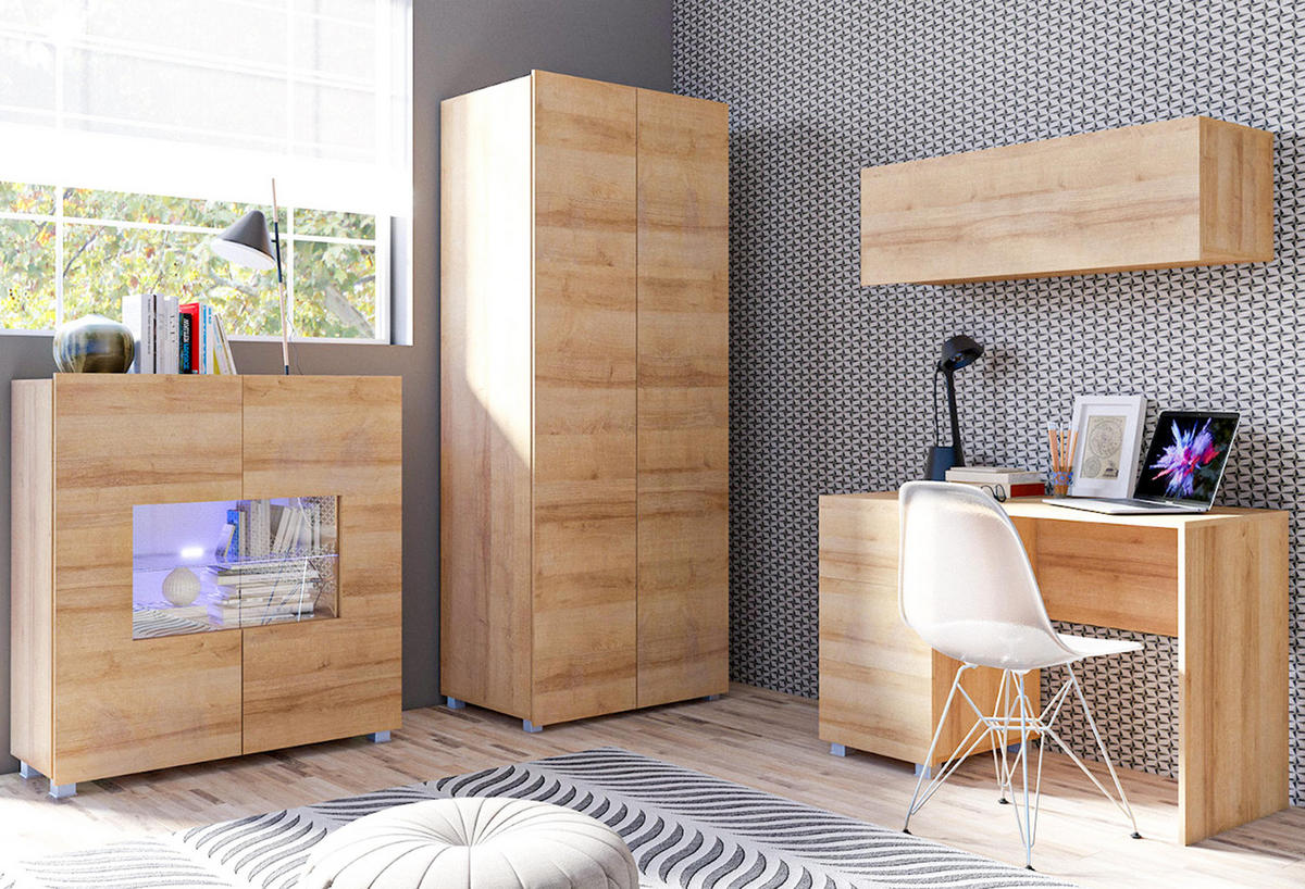 WOHNWAND Kossana 8 Modern Goldene Eiche matt 290/200/52 cm - Funktional Modern - Hellbraun, Holzwerkstoff/Kunststoff (290/200/52cm) - AX Living
