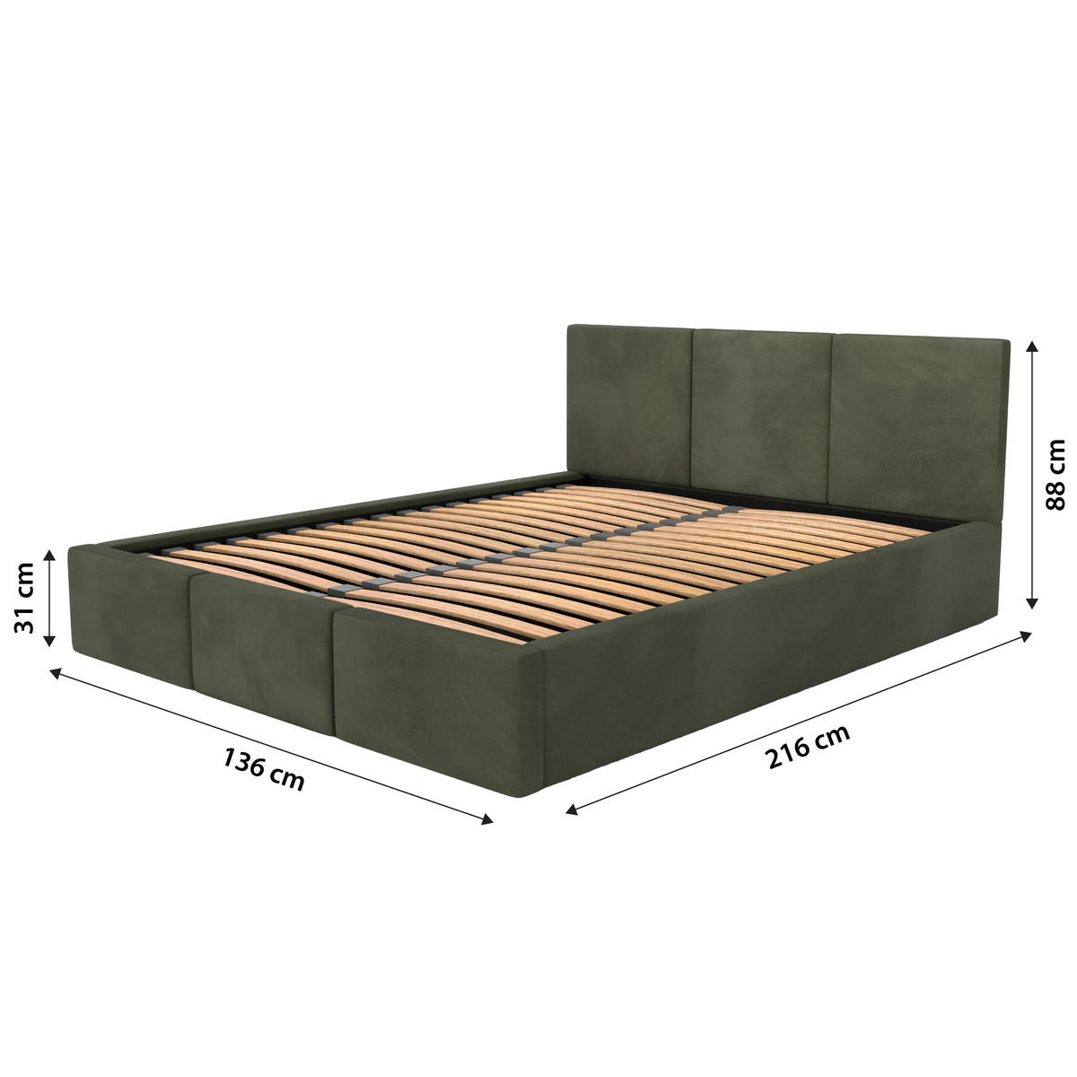 POLSTERBETT mit Stauraum Khaki 120x200cm Kopfteil 88cm - Olivgrün, Holzwerkstoff/Textil (120/200cm) - Muralo