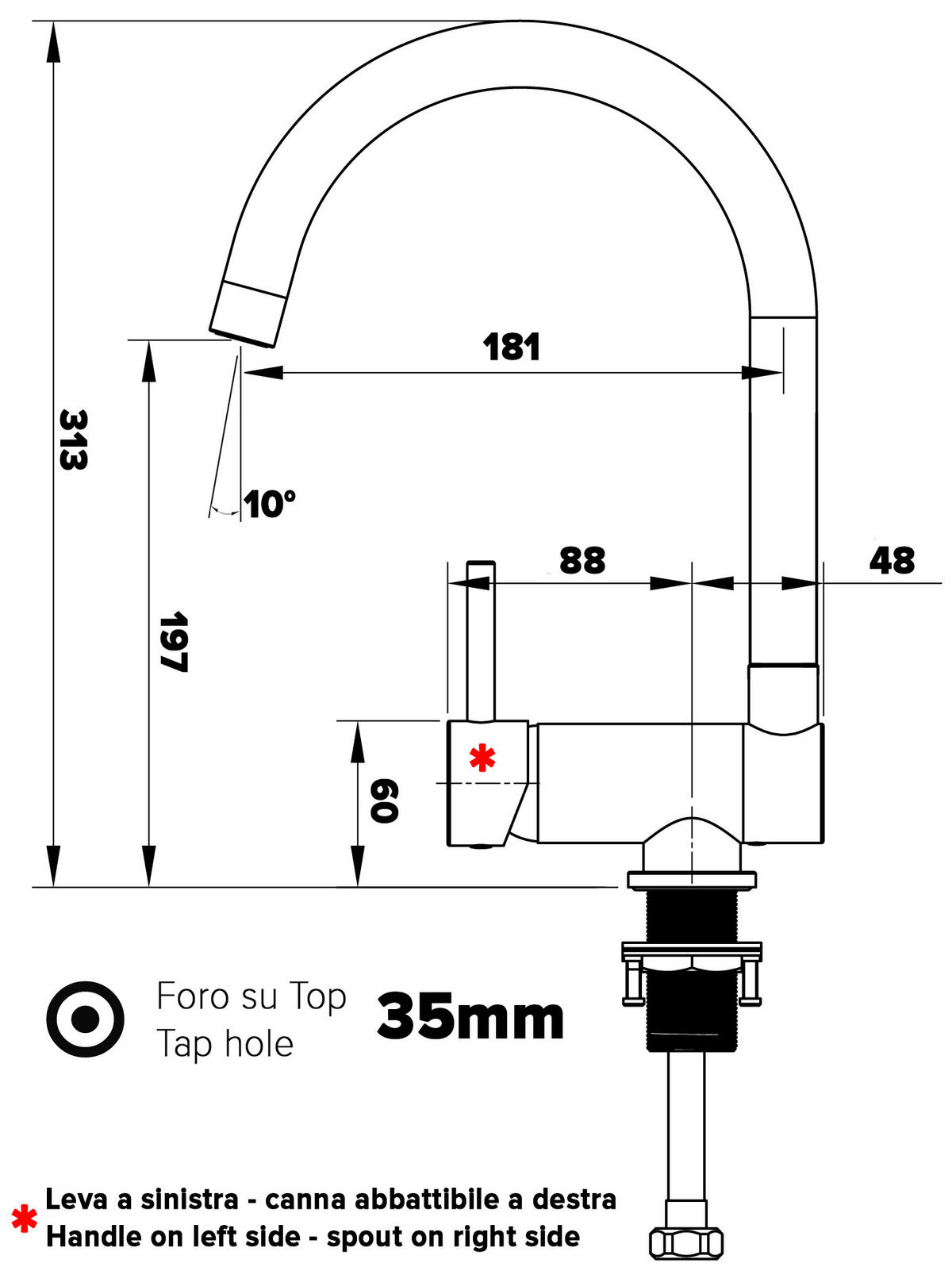 VORFENSTER-KÜCHENARMATUR, Umklappbar 6 CM, Verchromt, 360° schwenkbar, LINKER HEBEL - Chromfarben, Metall (18.1/31.3/18.1cm) - VIZIO