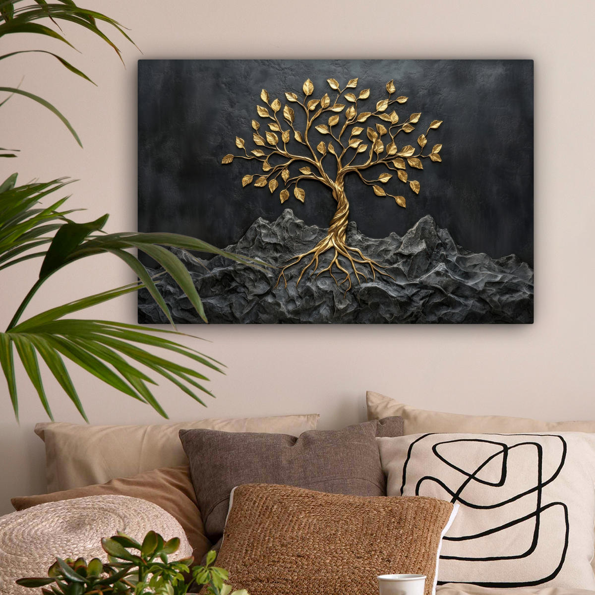 LEINWANDBILD Blätter - Gold - Baum - Fels Wanddeko 90x60 cm - Schwarz, Textil (90/60cm) - MuchoWow