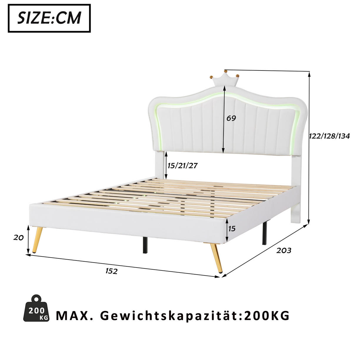 KINDERBETT Polsterbett 140/200 cm aus Kunstleder mit Muschel-Kopfteil, Krone und LED-Beleuchtung Weiß - Weiß, Textil (140/200cm) - Modenvie
