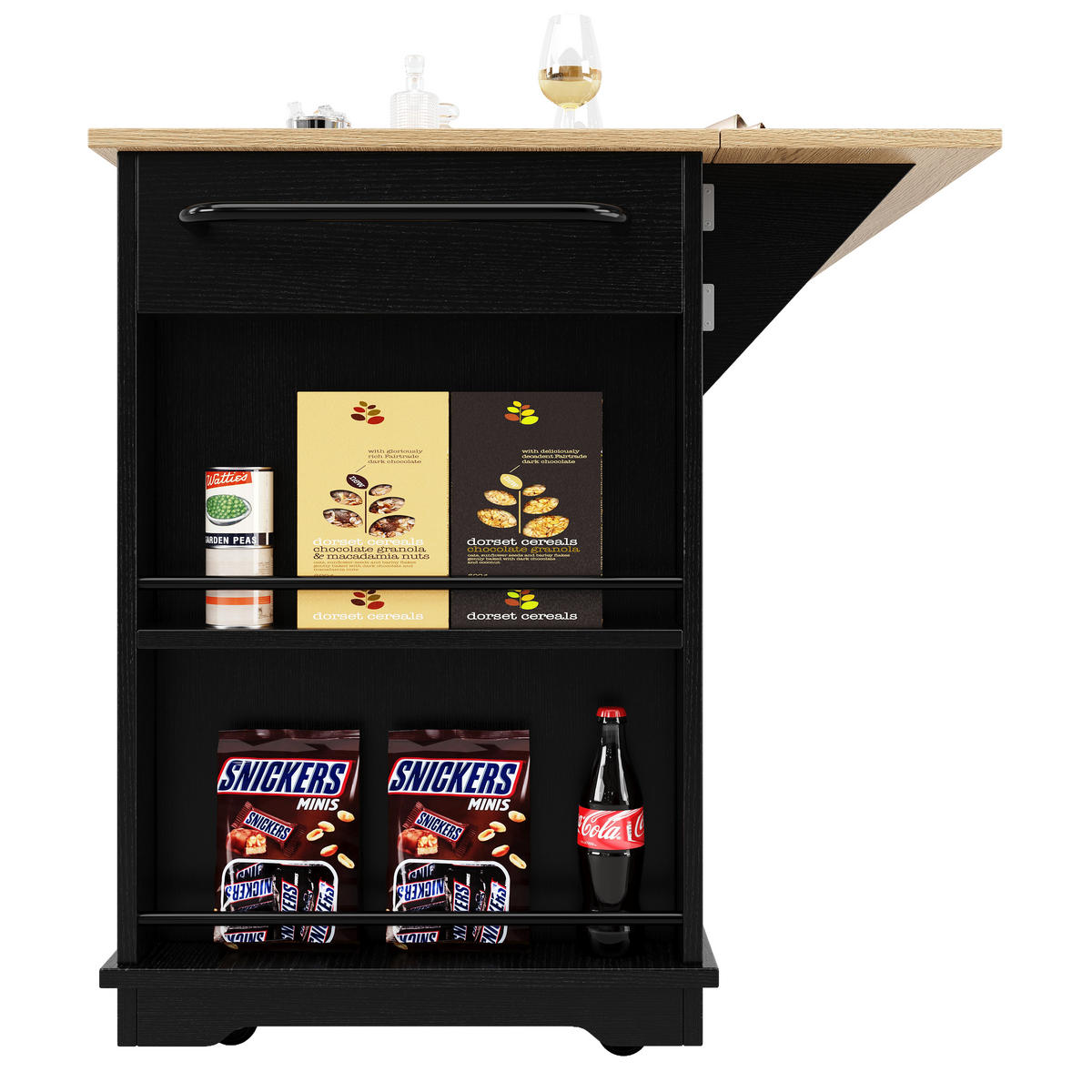 KÜCHENINSEL 151,5/60/91,7 cm Schwarz/Natur Metall und Glas mit klappbarer Tischplatte - Schwarz, Holzwerkstoff (151.5/91.7/85cm) - OKWISH