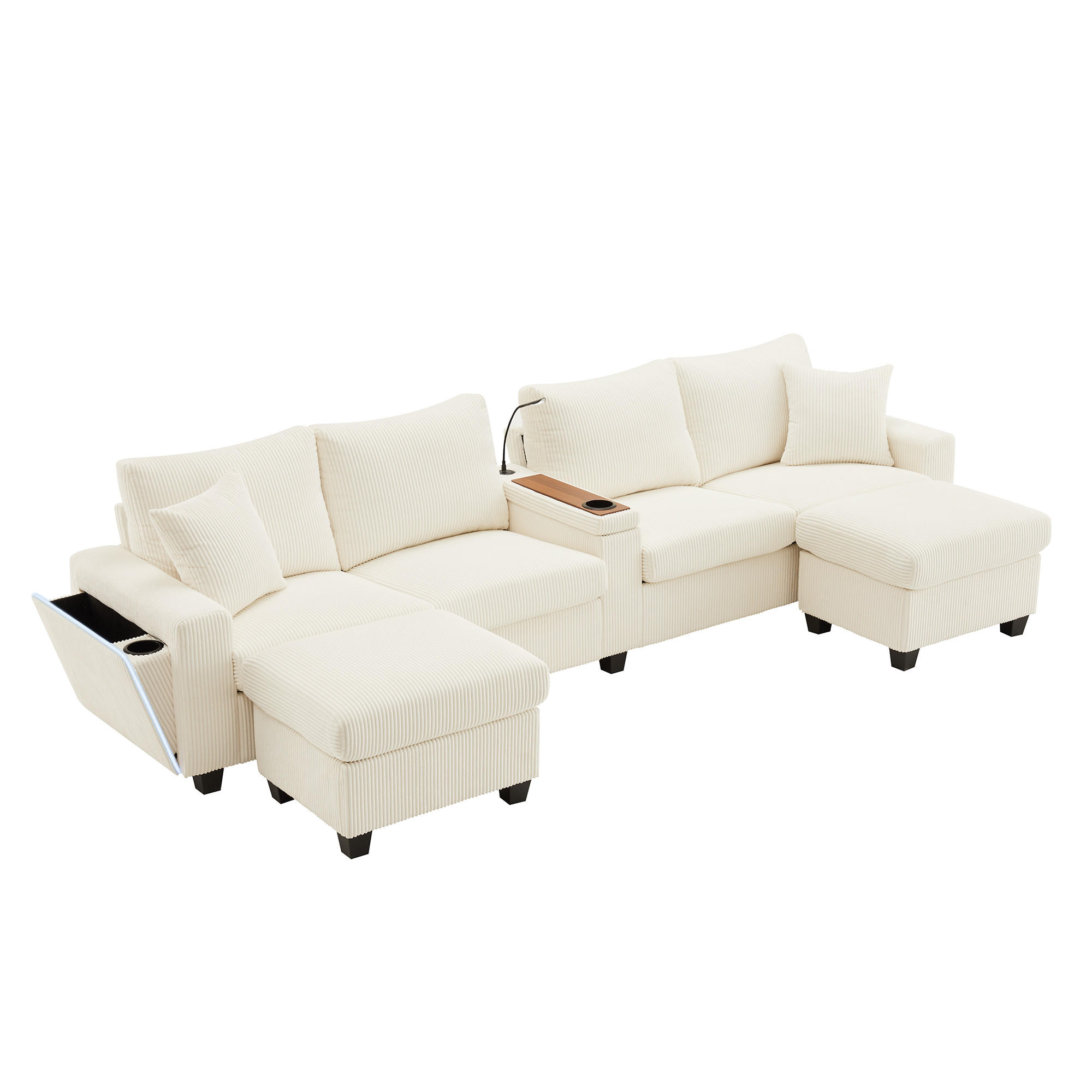 SOFA, U-Form, 2 Hocker, LED-Beleuchtung, Beige, 334x128.5x81cm - Beige, Textil (128.5/81/334cm) - FLIEKS