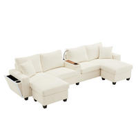 SOFA, U-Form, 2 Hocker, LED-Beleuchtung, Beige, 334x128.5x81cm - Beige, Textil (128.5/81/334cm) - FLIEKS