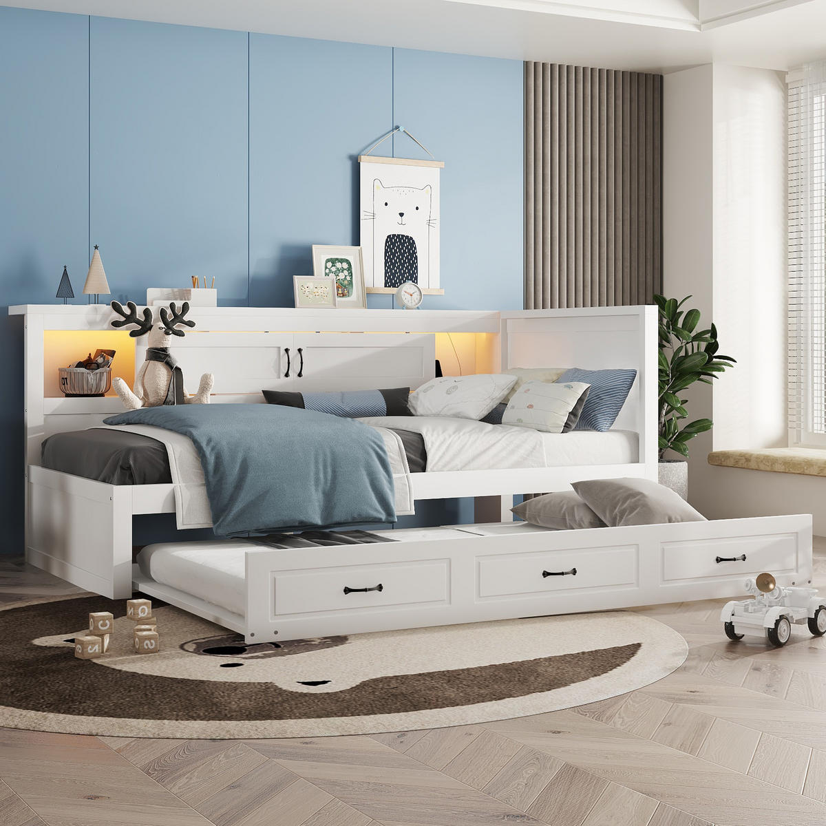 TAGESBETT 90/200 cm DE-04809, mit LED und Ausziehbett in Weiß - Weiß, Holzwerkstoff (90/200cm) - ComfortXL