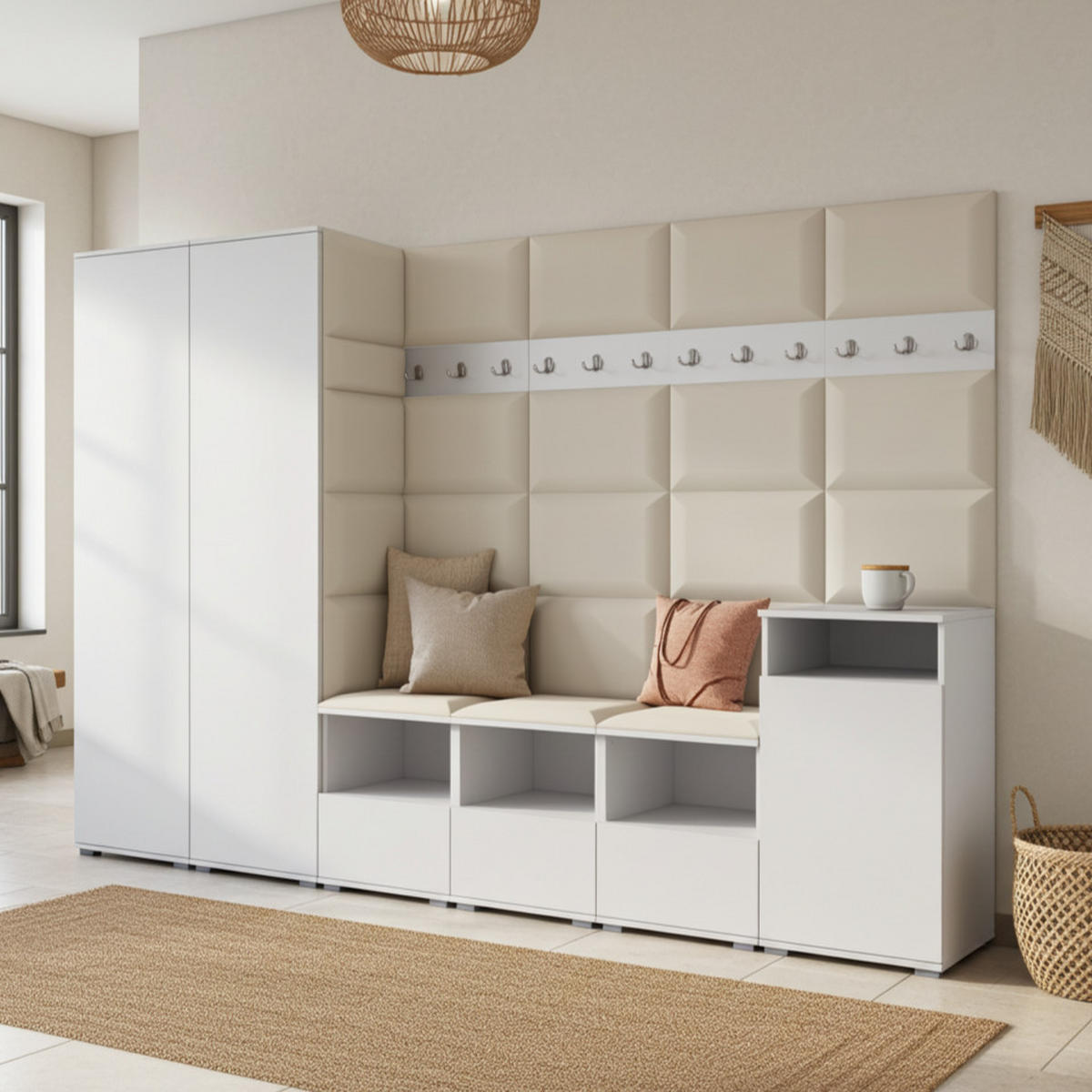 GARDEROBE NELA XII 300 cm (Modulare Flurmöbel Weiß mit Sitzpolster Creme 01 Gigantisches Set) - Silberfarben/Creme, Holz/Holzwerkstoff (300/187/40cm) - Ravio