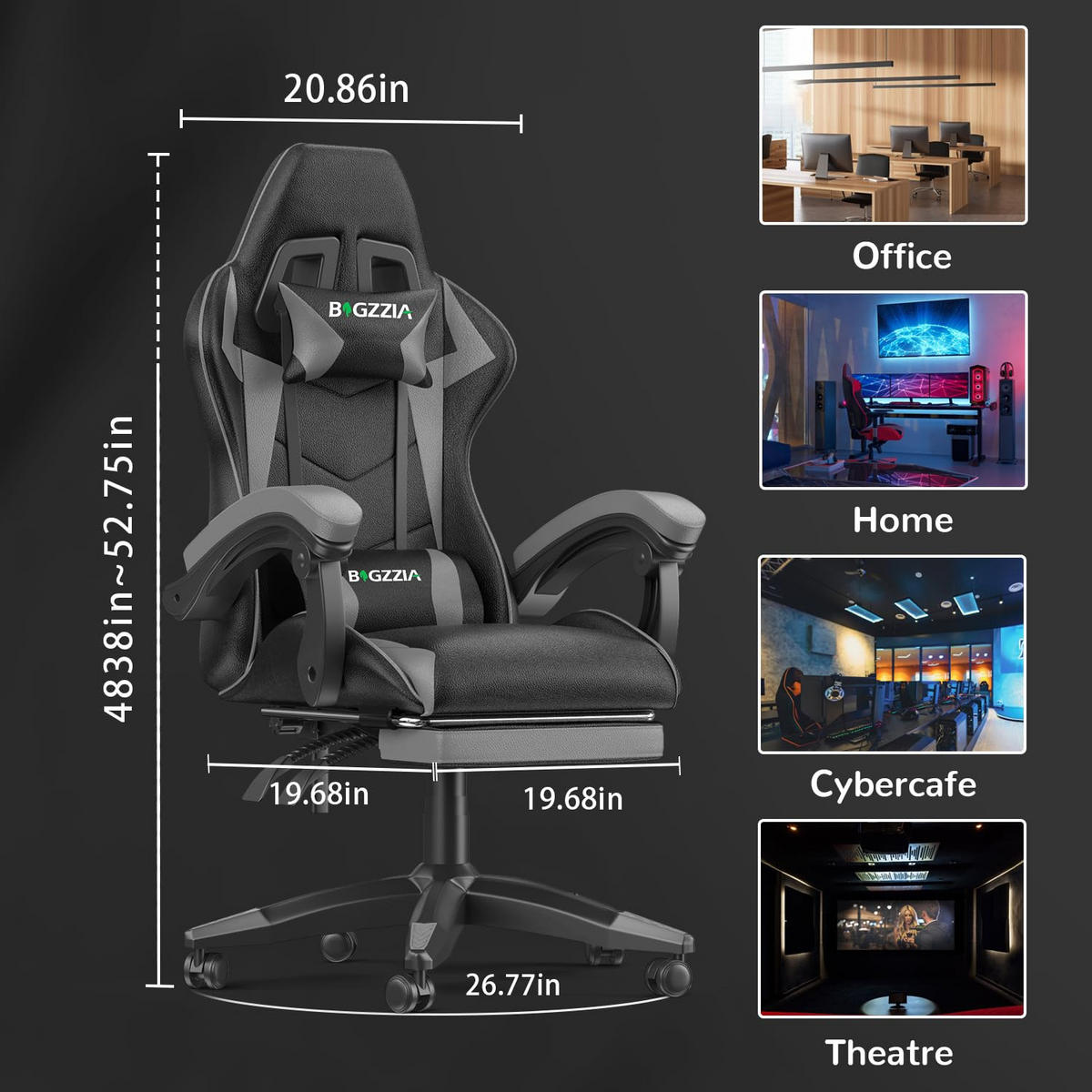GAMING-STUHL höhenverstellbar, Fußstütze, Lendenkissen – Schwarz/Grau - Grau, Leder (50/134/50cm) - Rattantree