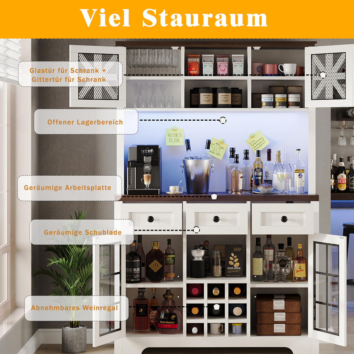 BUFFETSCHRANK 120/40/180 cm mit LED-Beleuchtung, Weinregal und verstellbaren Einlegeböden, Weiß - Weiß, Holzwerkstoff (120/180/40cm) - Redom