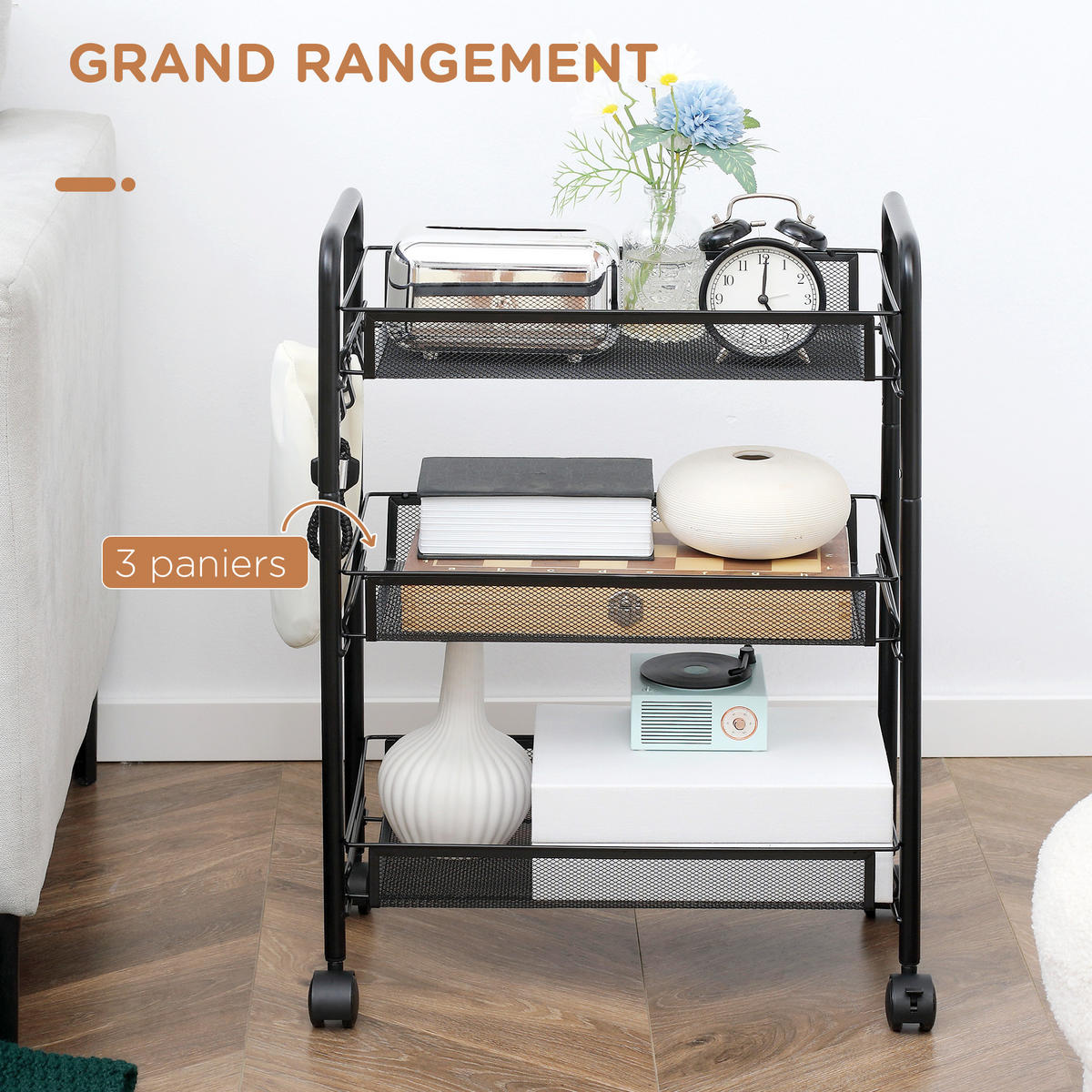 SERVIERWAGEN DE-12411 3 abnehmbare Körbe mit 4 Haken 45/26,5/63 cm Schwarz - Schwarz, Metall (26.5/63/45cm) - ComfortXL