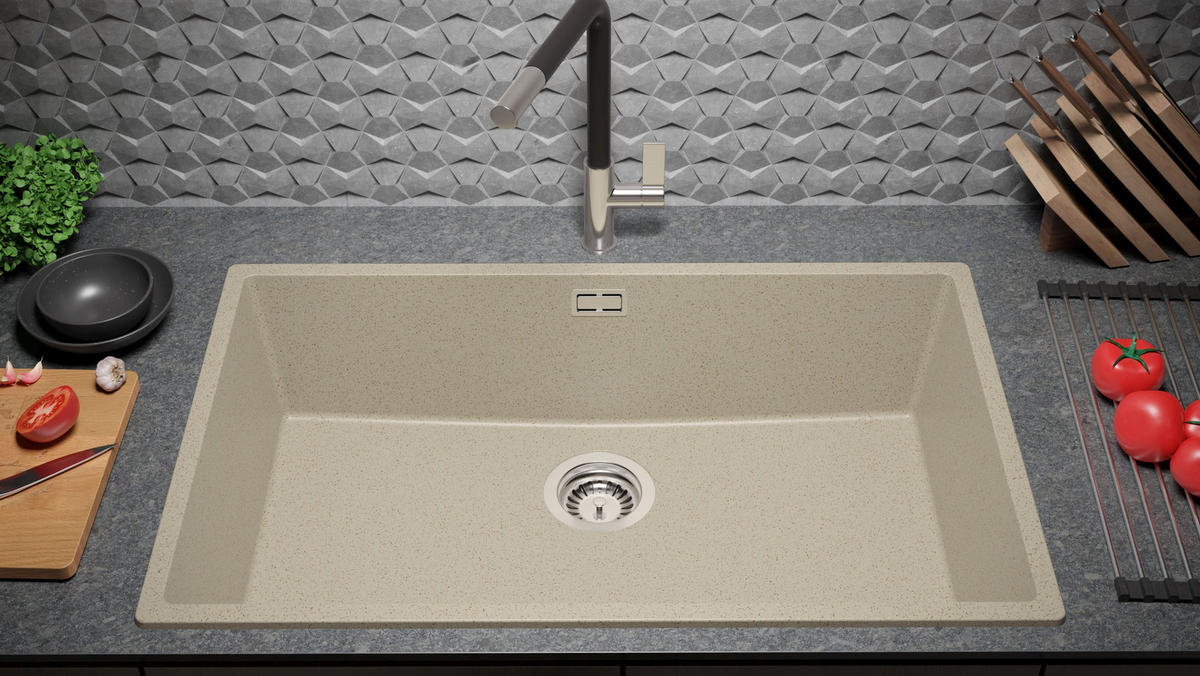 SPÜLBECKEN London Slim, 2-er set Beige 76/47 cm 1 Becken + Ablauf-Set ab 80er Unterschrank - Beige, Kunststoff (76/20/47cm) - Primagran