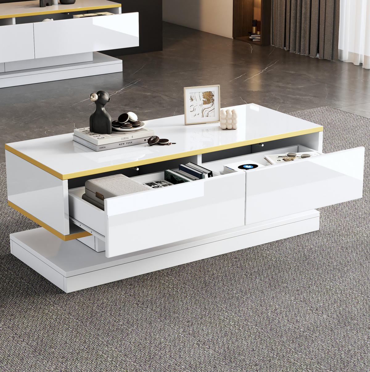 WOHNZIMMER-SET TV-Schrank & Couchtisch Weiß Gold 2-tlg. - Weiß, Holzwerkstoff (40/40/200.1cm) - Beauniv