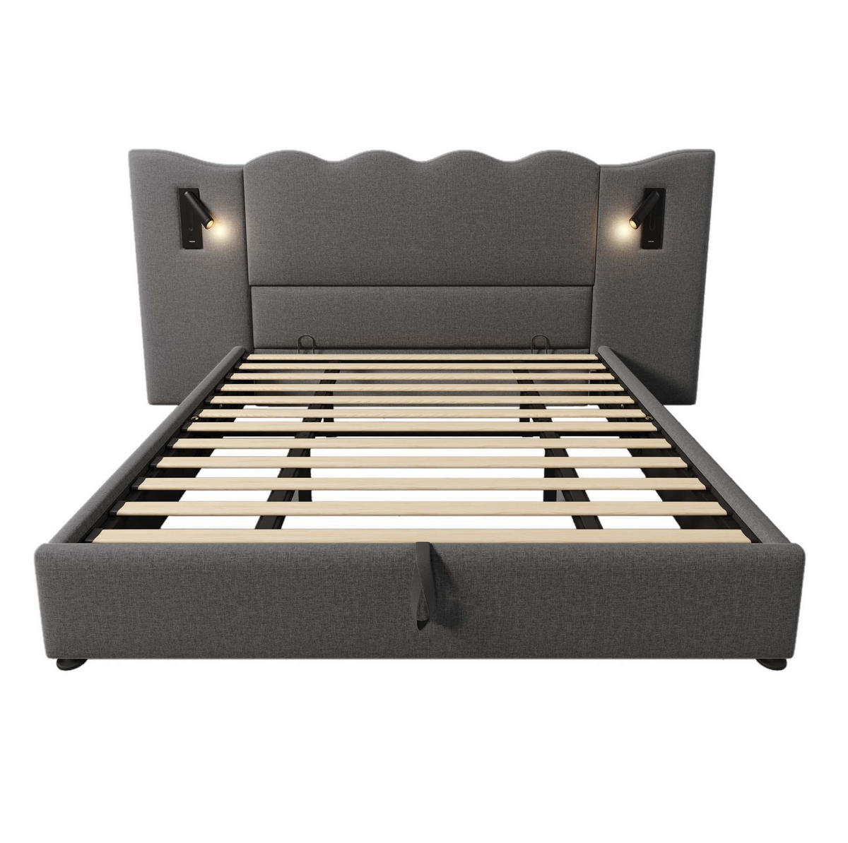POLSTERBETT 180/200 cm Grau mit Stauraum, Leselampe und USB- und Type-C-Anschlüssen - Grau, Textil (180/200cm) - Flora Grace