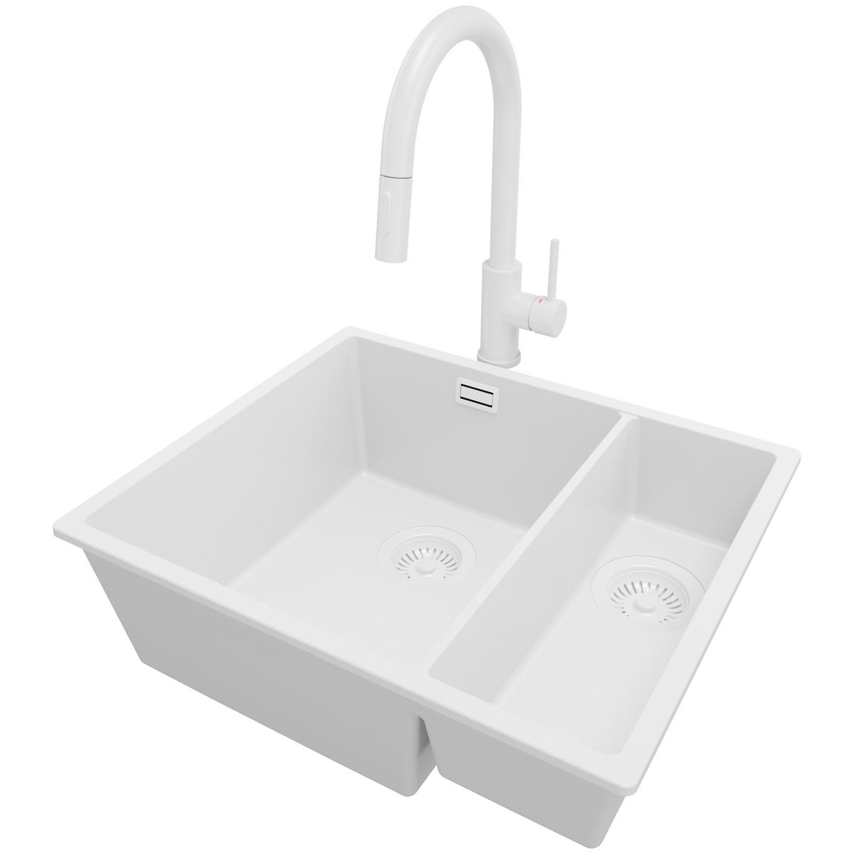 UNTERBAUSPÜLE GRANIT London Duo, 2-er set Alles Weiß 56/47 cm 1,5 Becken + Küchenarmatur 40/20 cm + Ablauf-Set ab 60er Unterschrank - Weiß, Kunststoff (56/20/47cm) - Primagran