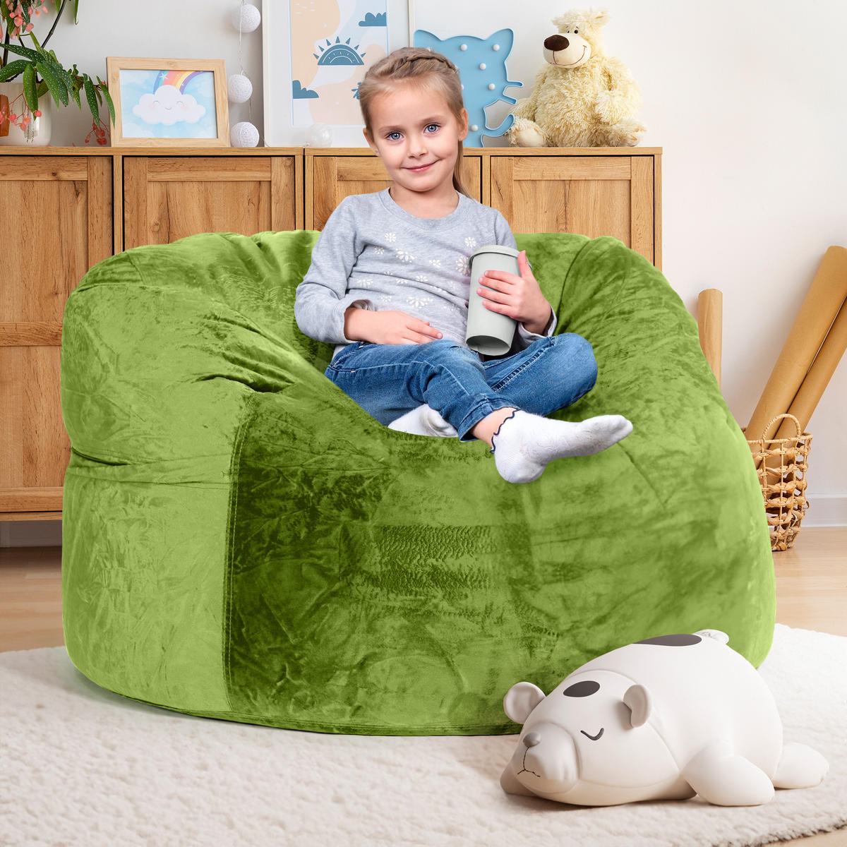 RIESEN-SITZSACK XXL JUMBO Velours 3ft - Grün, Textil (105/65/105cm) - Green Bean