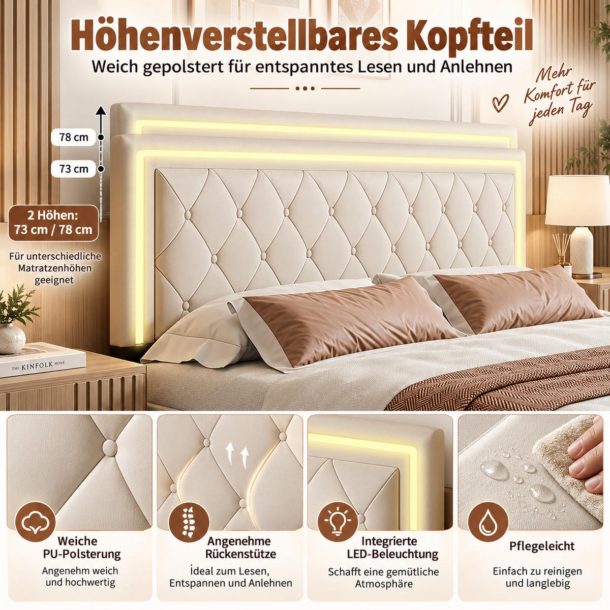POLSTERBETT 140/200 cm Beige mit LED-Kopfteil, 4 Schubladen und Stauraum, Doppelbett gepolstert - Beige, Holz/Metall (140/200cm) - Joyfair