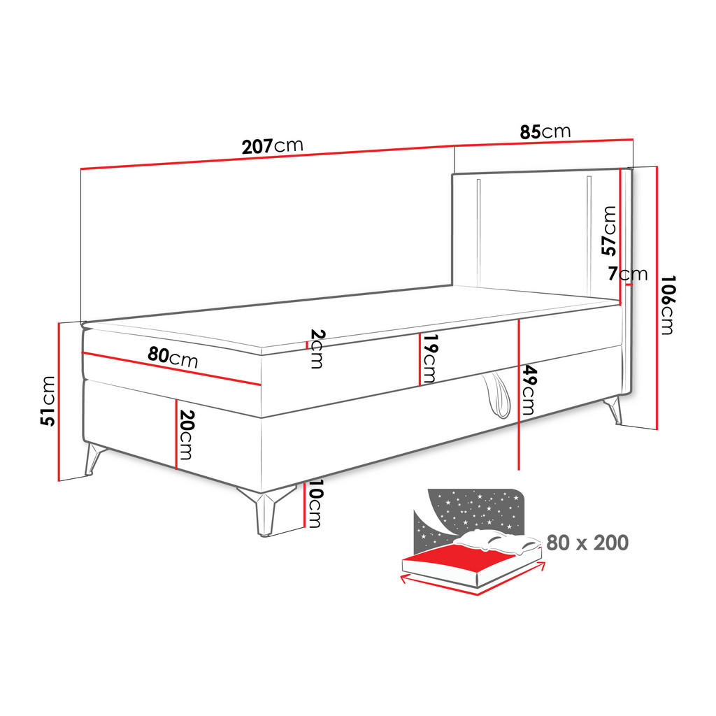 Thumbnail - Mirjan24 Boxbett, Grau, Textil, H3, Höhe ca. 19 cm, Rechteckig, 80x200 cm, Schlafzimmer, Betten, Boxspringbetten