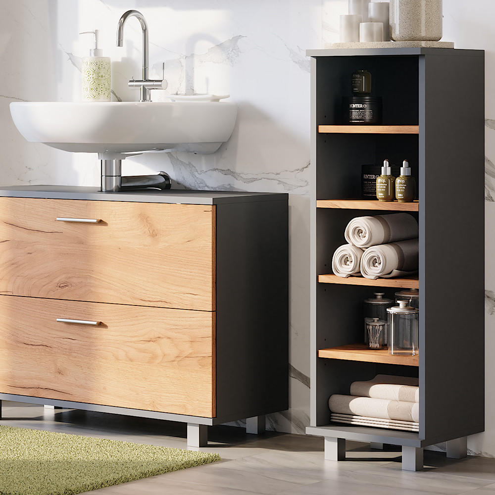 Thumbnail - Vicco Midischrank, Anthrazit, Honigeiche, Holzwerkstoff, 4 Fächer, Rechteckig, 30.2x95x30 cm, Badezimmer, Badezimmerschr...