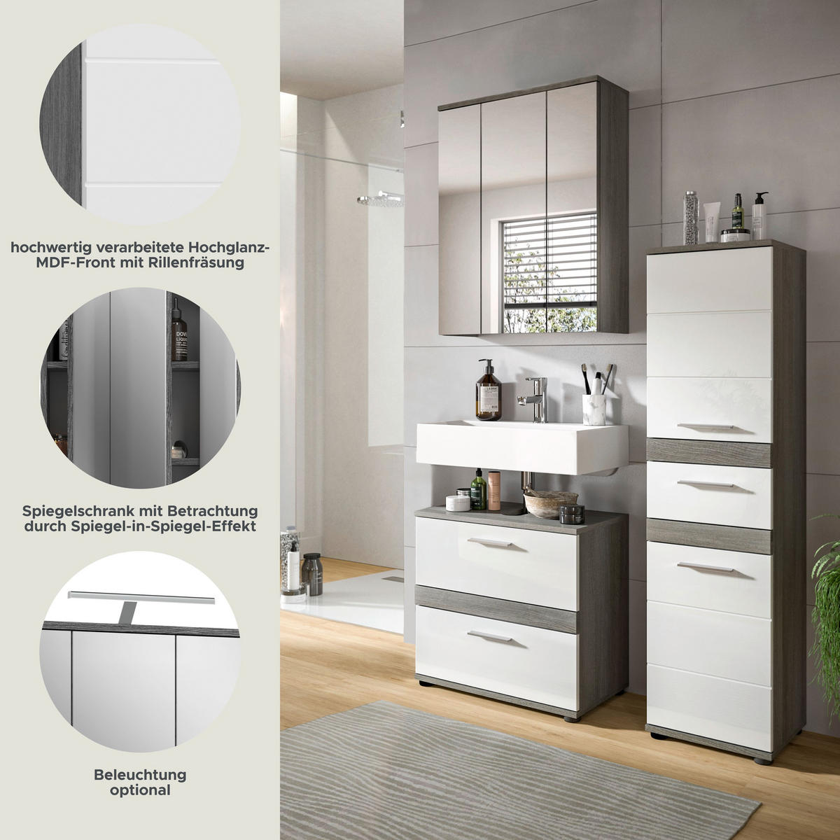BADKOMBINATION 3tlg. Blake Bad in Rauchsilber Nachbildung und weiß hochglanz B/H/T: 110x191x34 cm - Anthrazit, Holz (110/191/34cm)