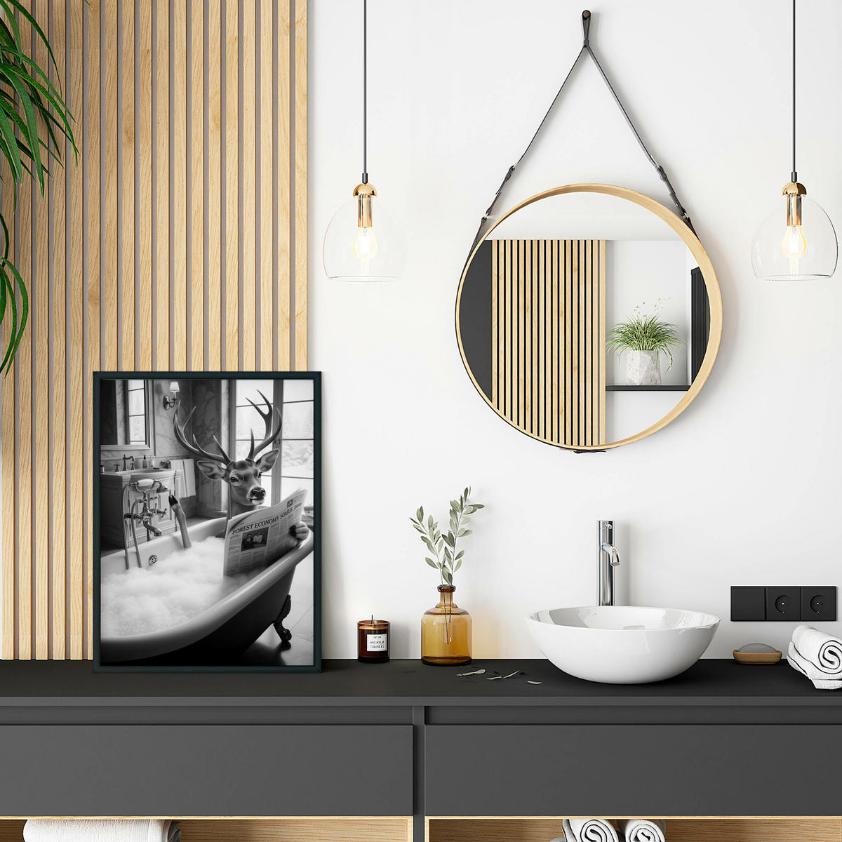 POSTER für Badezimmer WC Rehe HIRSCH in Badewanne Zeitung Abstraktion 20x30cm - Schwarz/Weiß, Papier (20/30/1cm) - Muralo