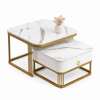 COUCHTISCH-SET aus MDF 60x60x45 cm Weiß mit Marmoroptik, Schublade und goldfarbenem Metallrahmen - Weiß, Holzwerkstoff (60/60/45cm) - IVMEU