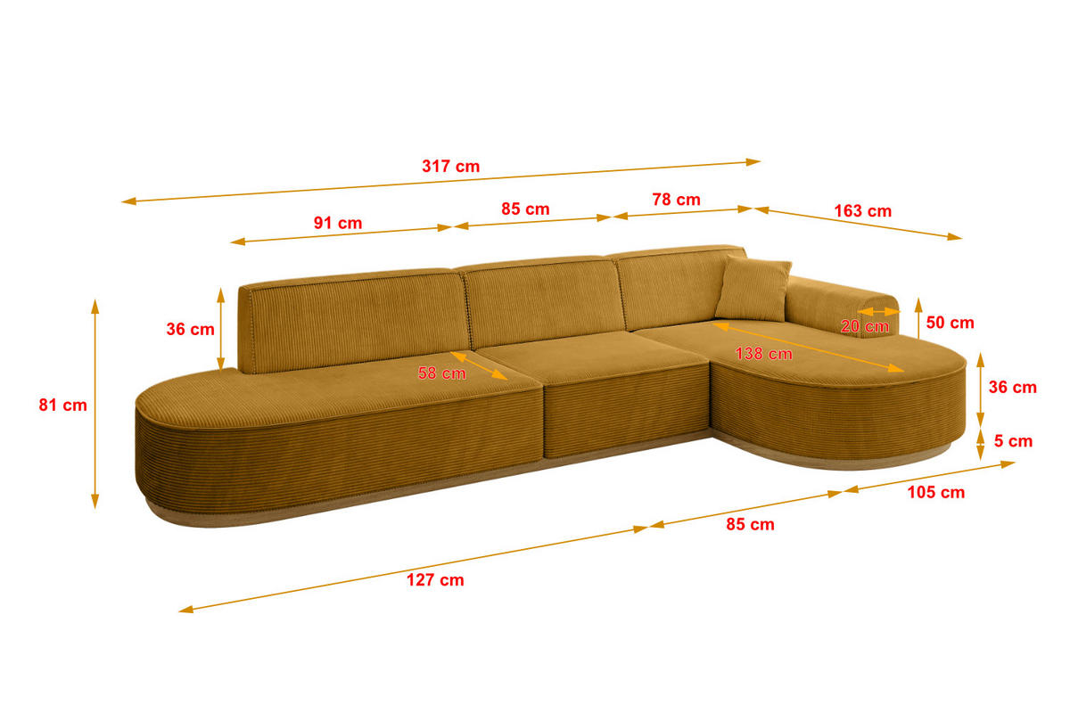 ECKSOFA Ottomane Rechts MARI-L2-v2 - 328x171x83 cm Senfgelb Cord - Gelb, Holzwerkstoff/Textil (171/328cm) - ALTDECOR
