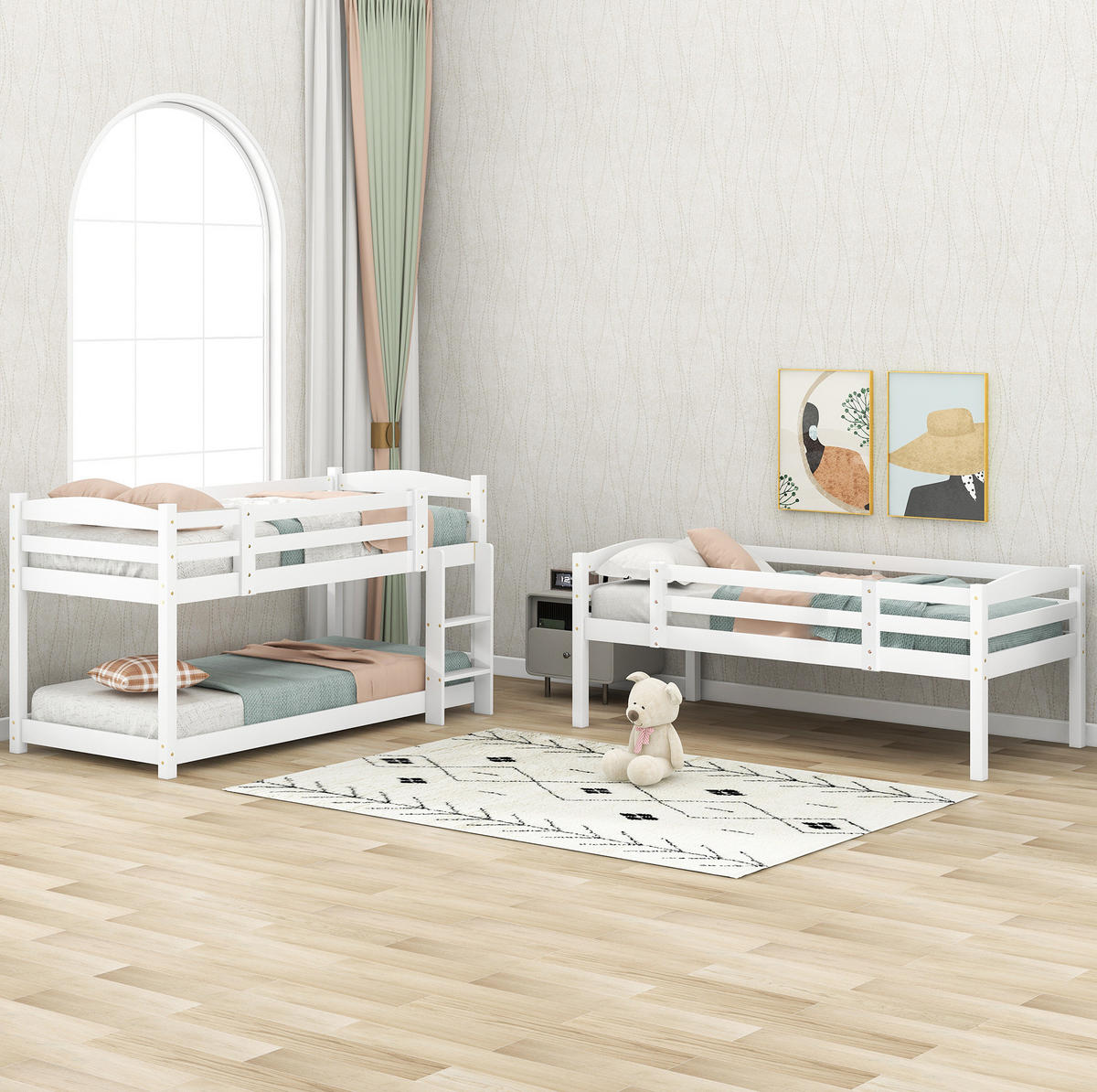 ETAGENBETT 90/200 cm aus Holz, 3 Schlafplätze, teilbar, mit 2 Leitern und Absturzsicherung, Weiß - Weiß, Holz (90/200cm) - Redom
