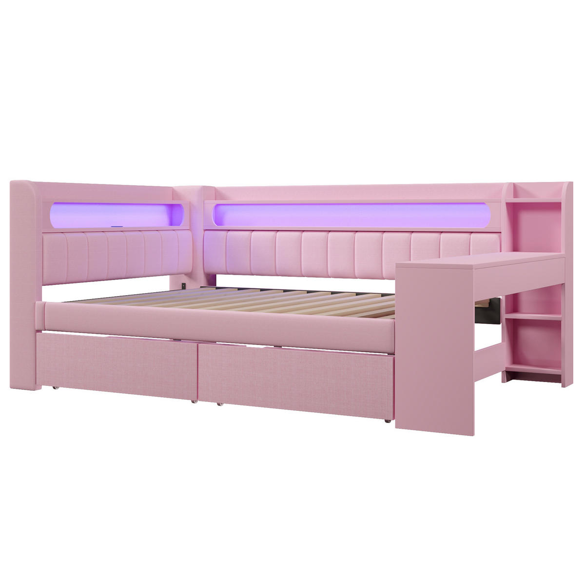TAGESBETT 140/200 cm rosa aus MDF mit USB, LED, Schreibtisch und 2 Schubladen - Rosa, Holzwerkstoff (140/200cm) - OKWISH